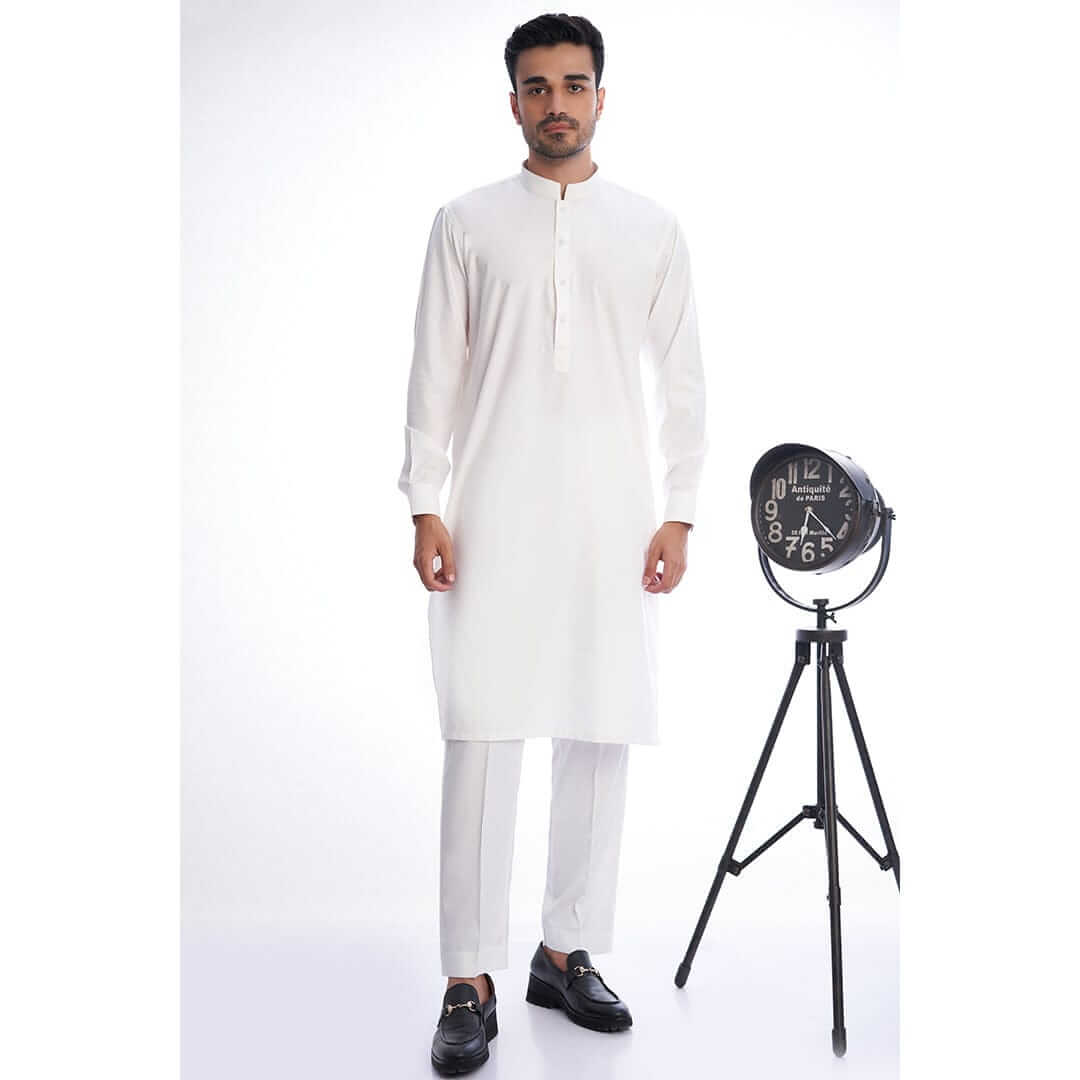 Elegant Ivory IronEz Fabric White Kurta & Drawstring Pants Set for Men - Comfortable Traditional Indian Ethnic Wear - Perfect for Eid, Weddings & Festive Occasions