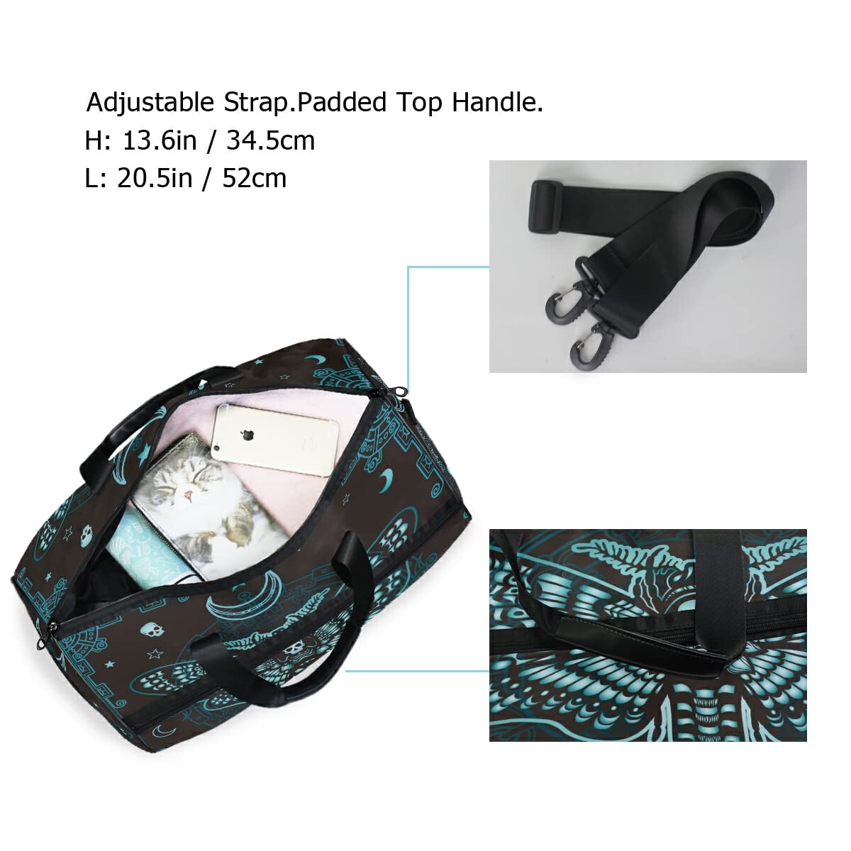 Butterfly Skull Mystical Design Travel Duffel Bag - Waterproof Gym Bag for Men & Women with Adjustable Strap - Perfect for Sports, Travel, Overnight Trips & Workout Sessions