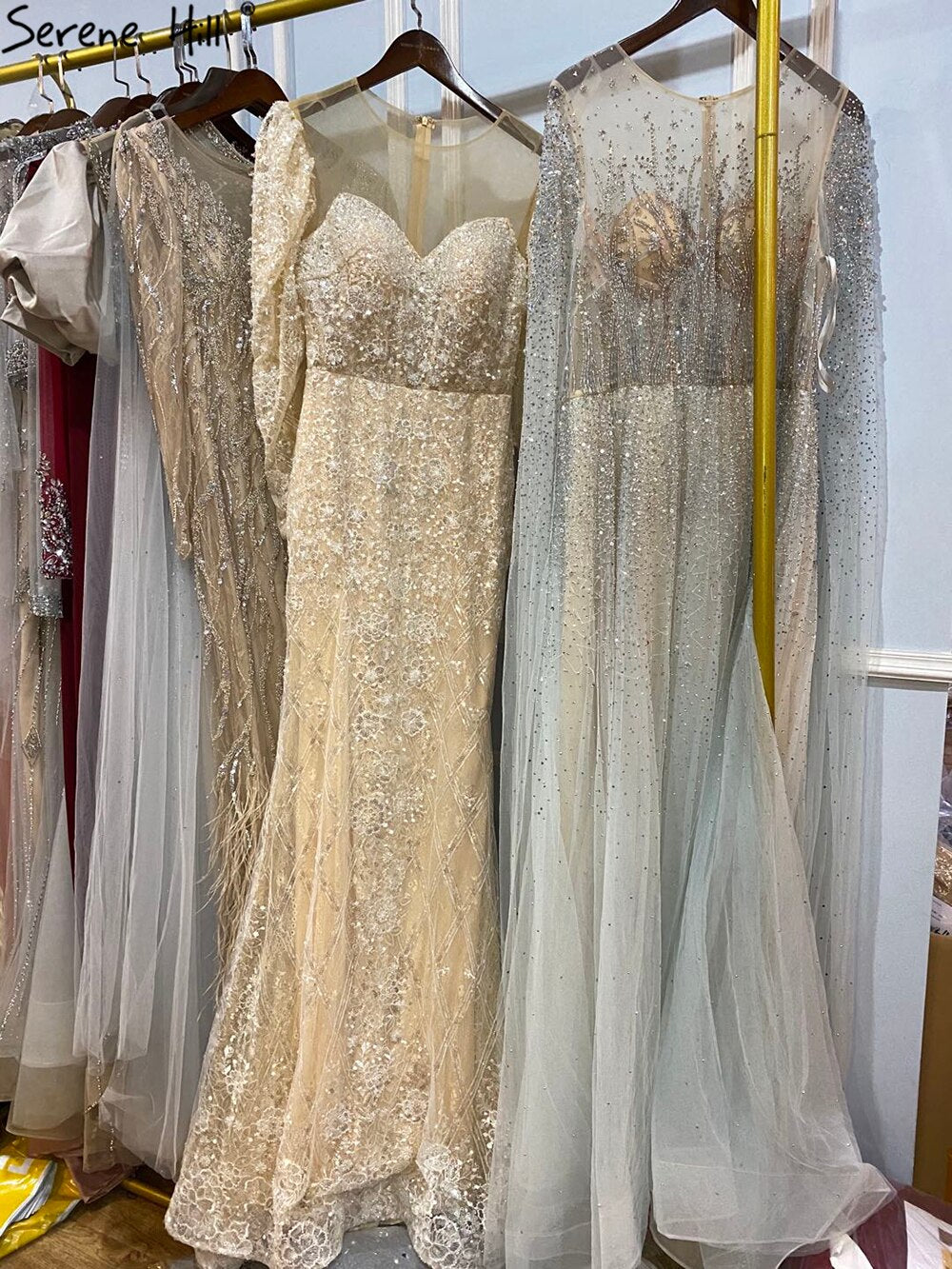 Luxury Muslim Beige Mermaid Evening Dress 2025 - Sparkle Elegant Formal Gown with Puffy Sleeves for Weddings, Prom & Special Occasions - Serene Hill LA71040