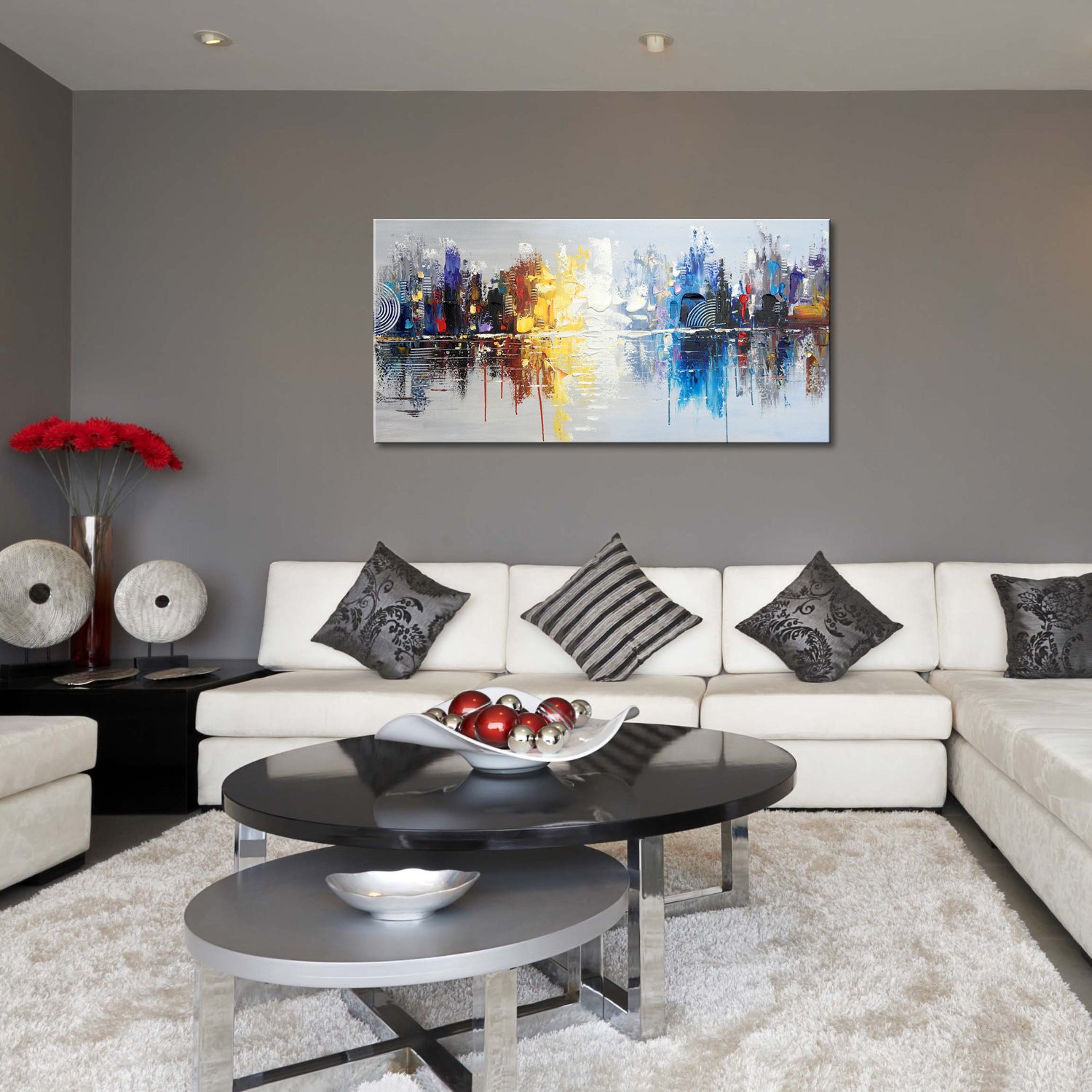 Hand Painted Modern Cityscape Oil Painting on Canvas - Abstract Reflection Wall Art Decor for Living Room - 48x24 Inch Large Contemporary Home Decor