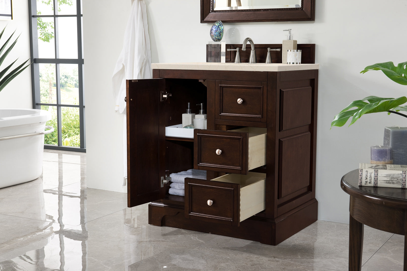 De Soto 30 Inch Single Bathroom Vanity with Burnished Mahogany Cabinet & 3CM Eternal Marfil Quartz Countertop - Perfect for Modern Master Bathrooms & Powder Rooms