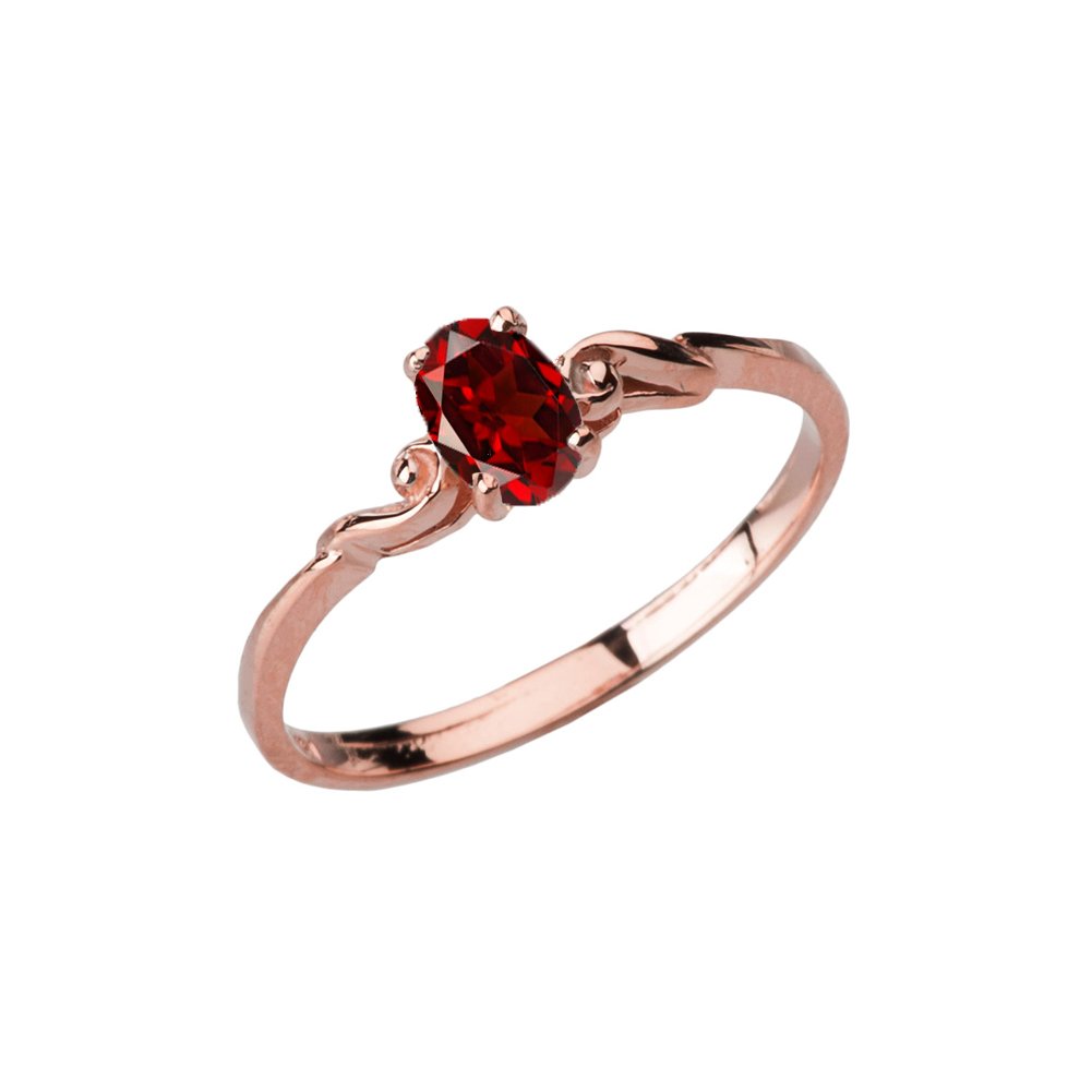 10k Rose Gold Genuine Garnet Solitaire Ring for Women - Dainty Swirled Engagement & Promise Ring - Perfect for Valentine's Day, Anniversary & Proposal Gifts