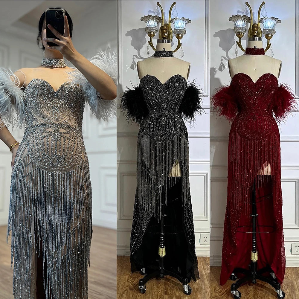 Elegant Silver Mermaid Evening Dress with Beaded Tassels - Sexy Split Open Back Party Gown for Women | Perfect for Prom, Cocktail Parties & Special Occasions
