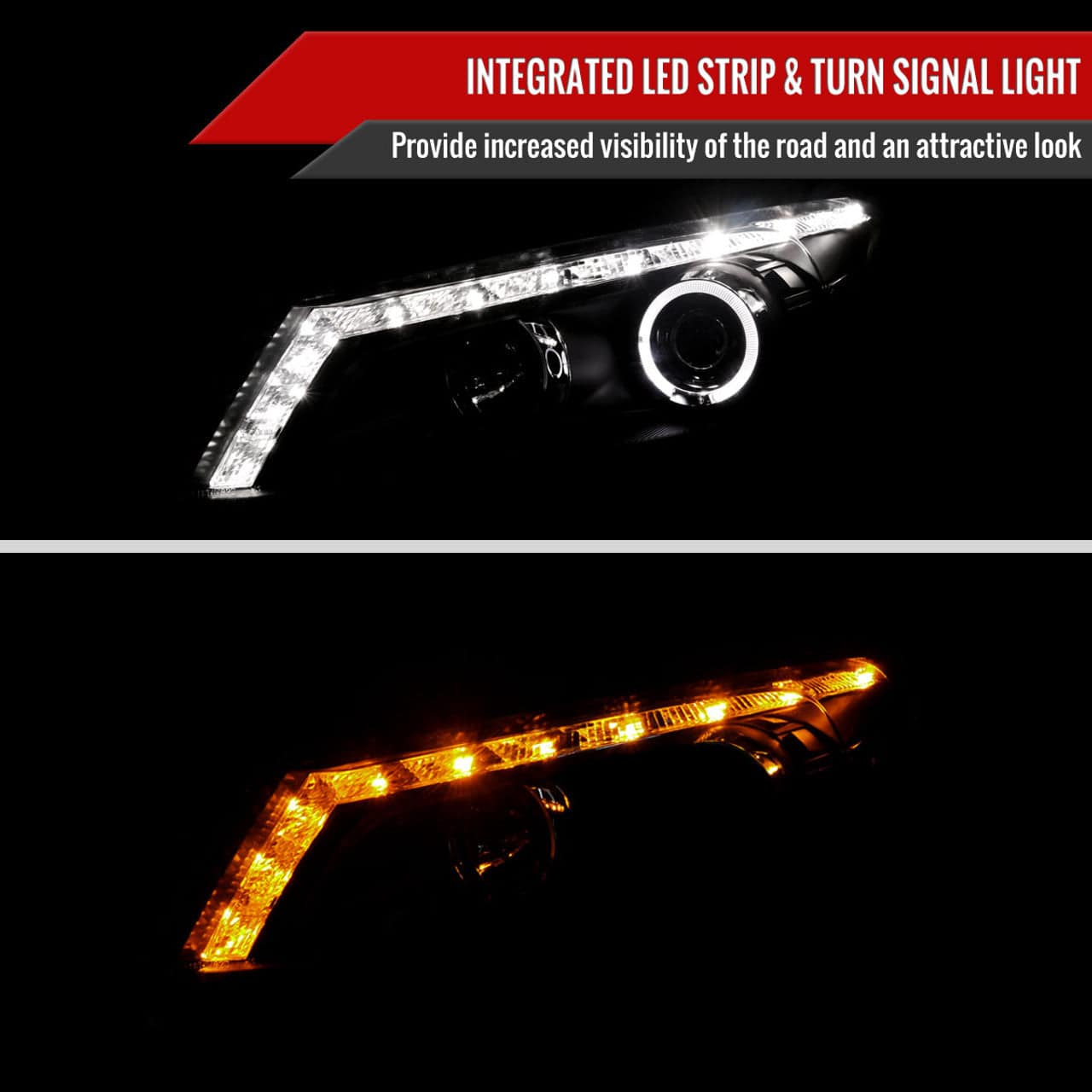 2008-2012 Honda Accord Sedan LED Projector Headlights with Halo Ring, LED Light Strip & Turn Signal - Matte Black Housing & Clear Lens - Upgrade for Night Driving & Style Enhancement
