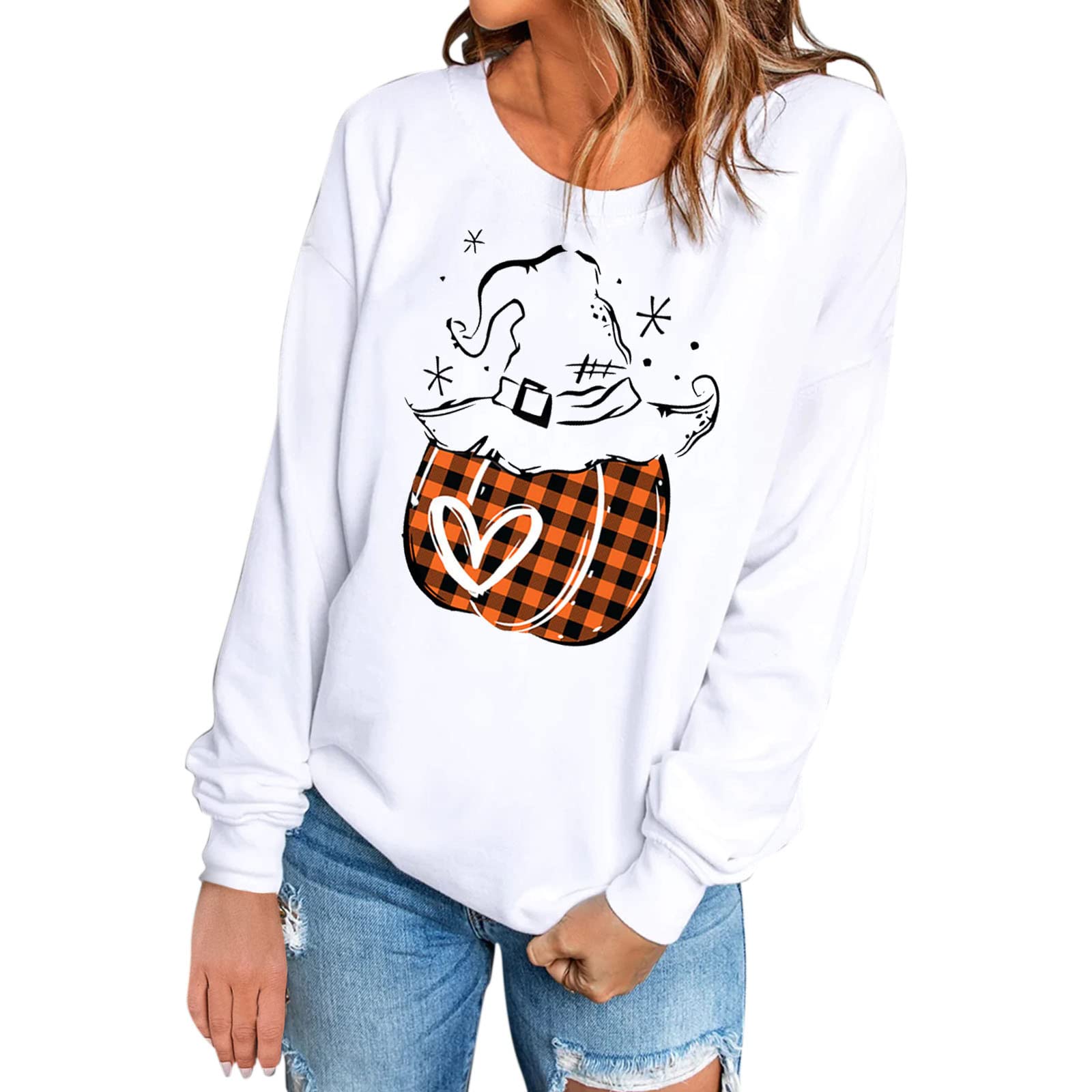 Women's Halloween Pumpkin Print Sweatshirt - Long Sleeve Casual Pullover Blouse in Taupe | Fall Outfit, Pumpkin Patch Visit, Spooky Season Fashion