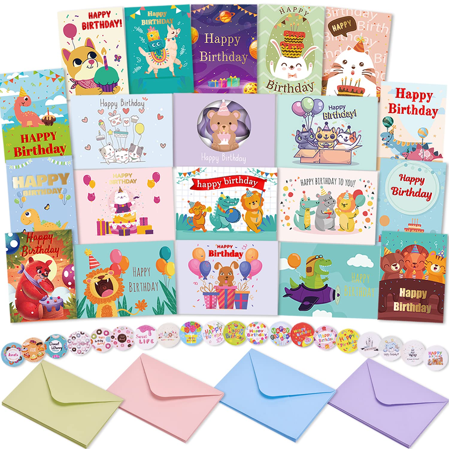20 Unique Cartoon Birthday Cards with Envelopes & Stickers - Bulk Assortment for Kids, Men & Women - Perfect for Birthday Parties, Gifts & Greetings