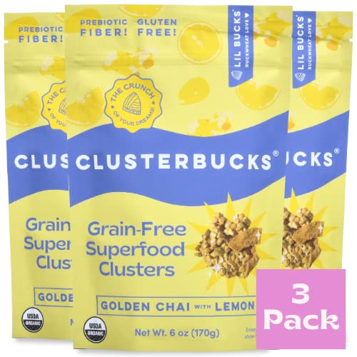 Lil Bucks Clusterbucks Grain-Free Superfood Clusters - Sprouted Buckwheat & Adaptogens, Gluten Free Healthy Snack (Golden Chai with Lemon, 3 Pack) - Perfect for On-the-Go, Office Snacking & Post-Workout Recovery