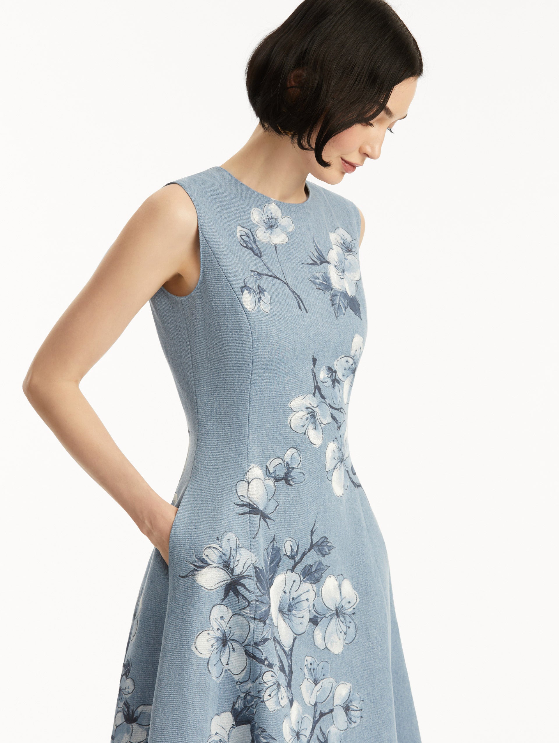 Cherry Blossom Denim Dress for Women - Floral Print Stretch Denim A-Line Dress with Pockets | Perfect for Spring Outfits, Casual Wear & Date Nights
