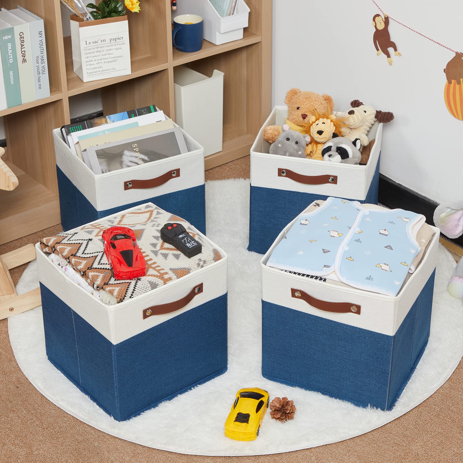 HNZIGE 12x12 Inch Fabric Storage Cubes with Handles, Set of 4 - Decorative Cube Organizer Bins for Home, Nursery, Closet & Toy Storage | Space-Saving Blue & White Square Baskets for Shelves, Cabinets & Underbed Organization