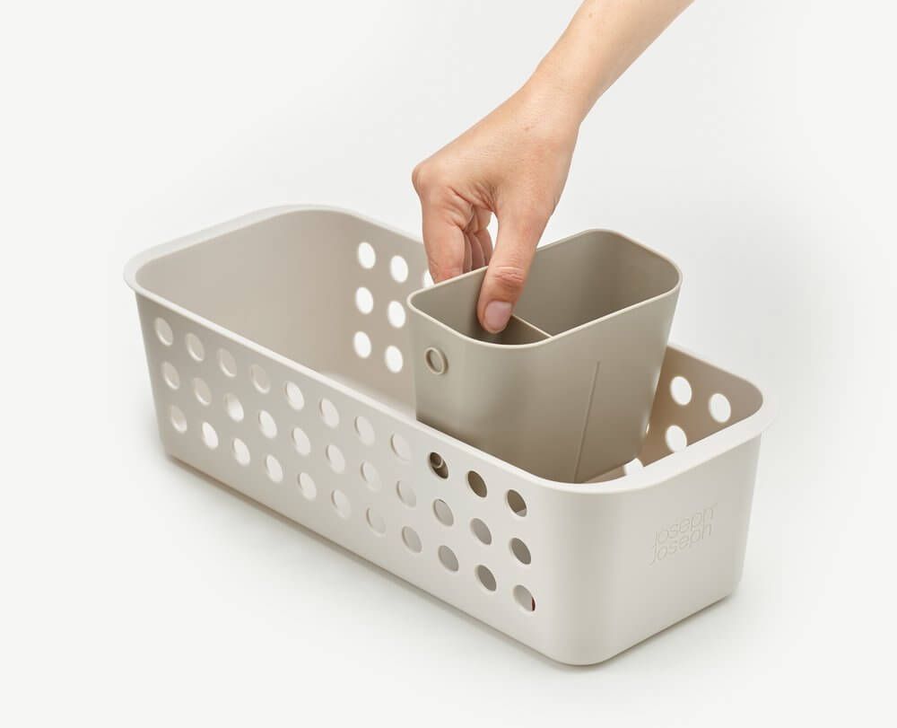 Joseph Joseph EasyStore Slimline Bathroom Storage Basket - Space-Saving Organizer for Towels, Toiletries & Cosmetics | Perfect for Small Bathrooms, Vanities & Shower Caddies (Ecru)