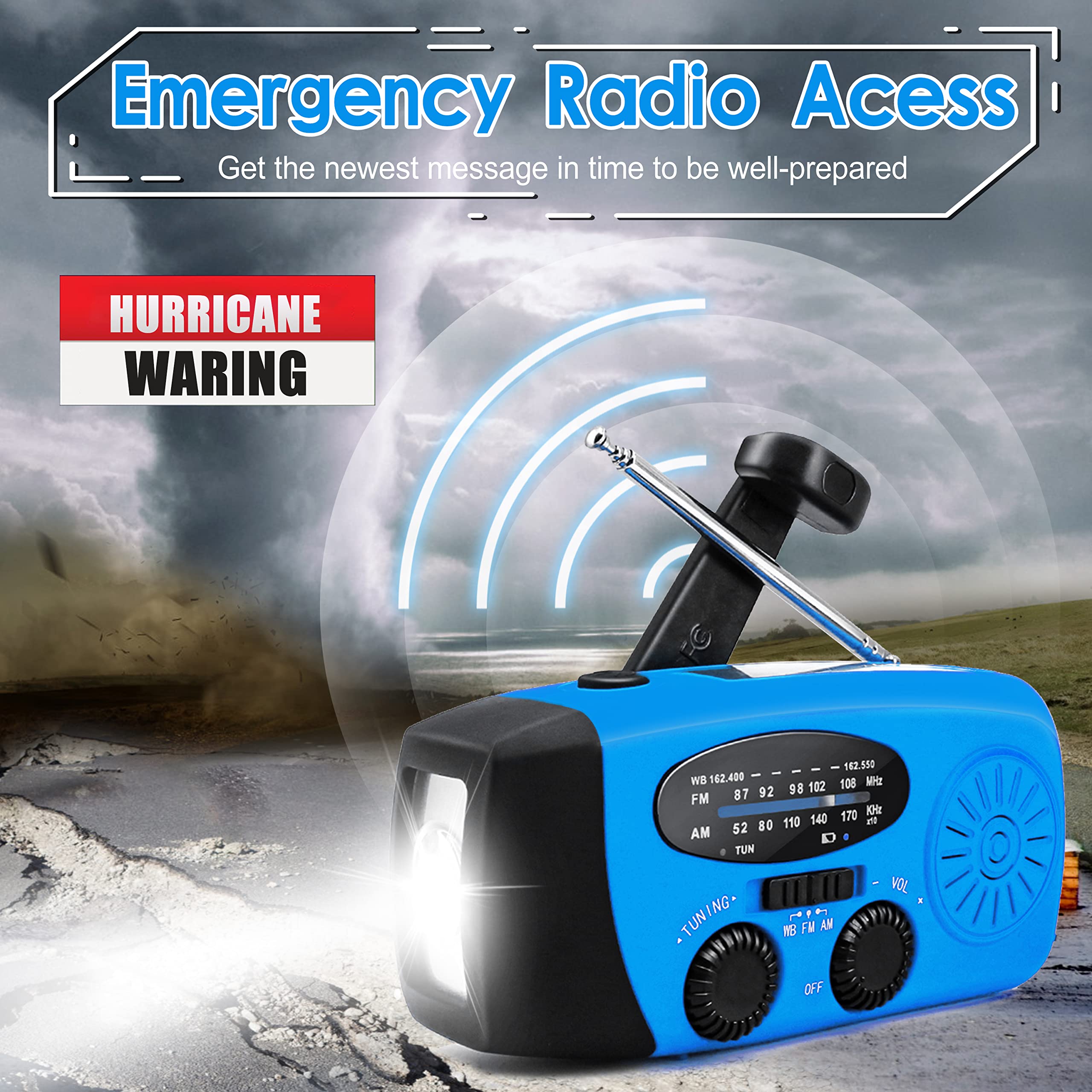 Emergency Hand Crank AM/FM Weather Radio with LED Flashlight, 2000mAh Power Bank & Phone Charger - Solar/USB Charging for Camping, Hiking, Power Outages & Survival Kits (Blue)