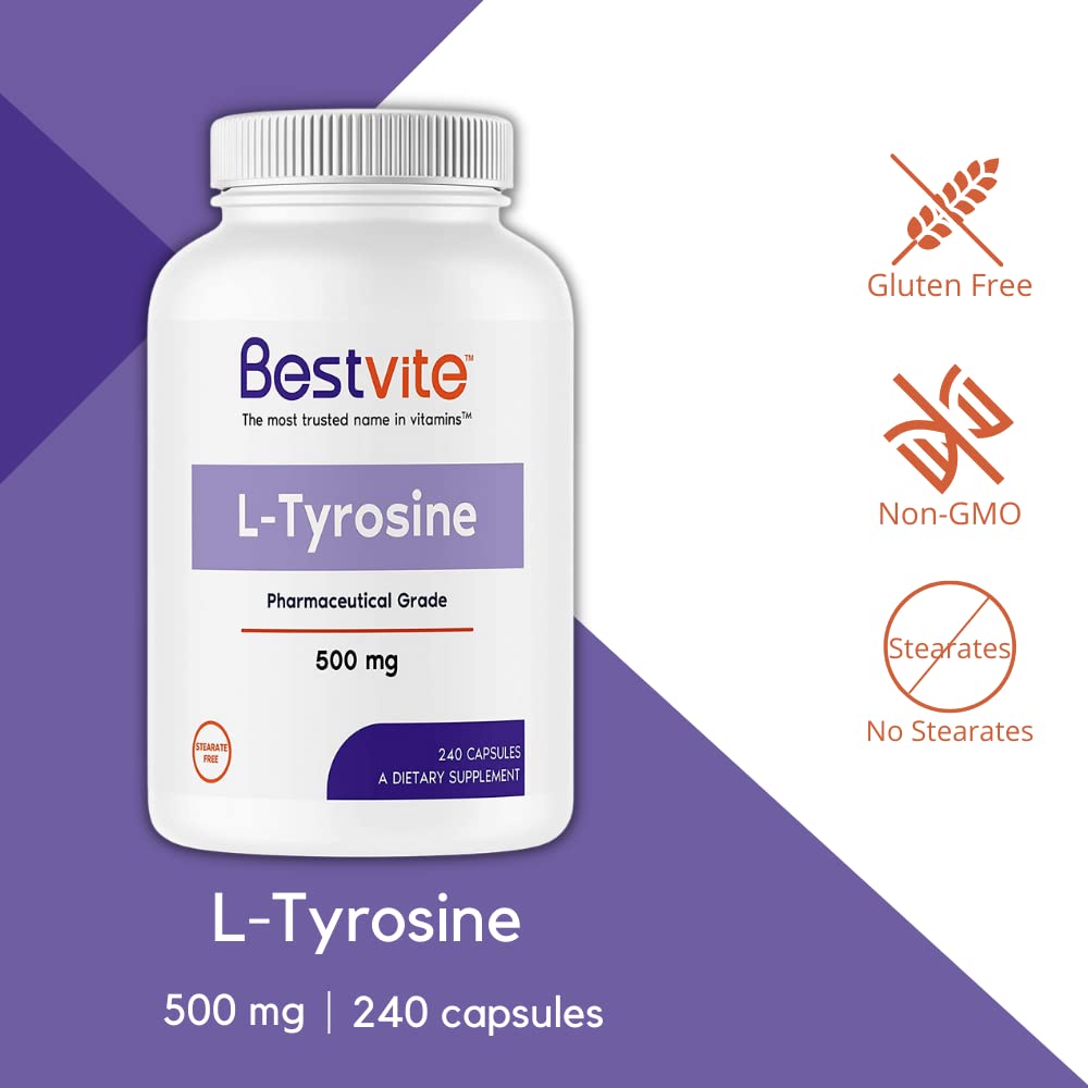 BESTVITE L-Tyrosine 500mg (240 Capsules) - No Stearates - Non GMO - Gluten Free Supplement for Focus, Stress Relief & Mood Support - Perfect for Work, Study & Daily Wellness