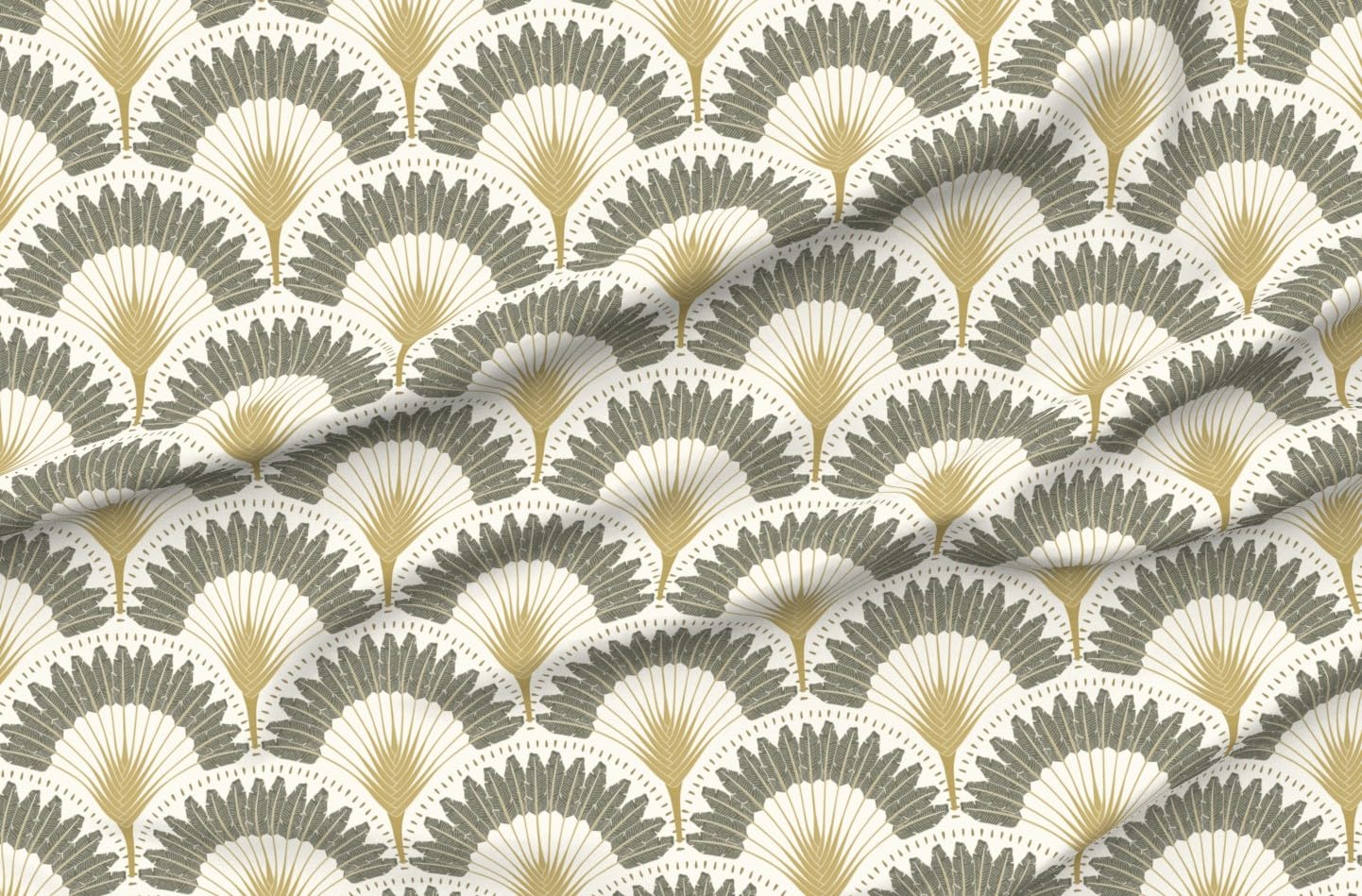 Trendy Spoonflower Fabric - Neutral Botanicals Palms & Art Deco Fans Printed on Denim by The Yard | Bottomweight for Apparel, Home Decor & Upholstery | Perfect for DIY Fashion, Curtains & Throw Pillows