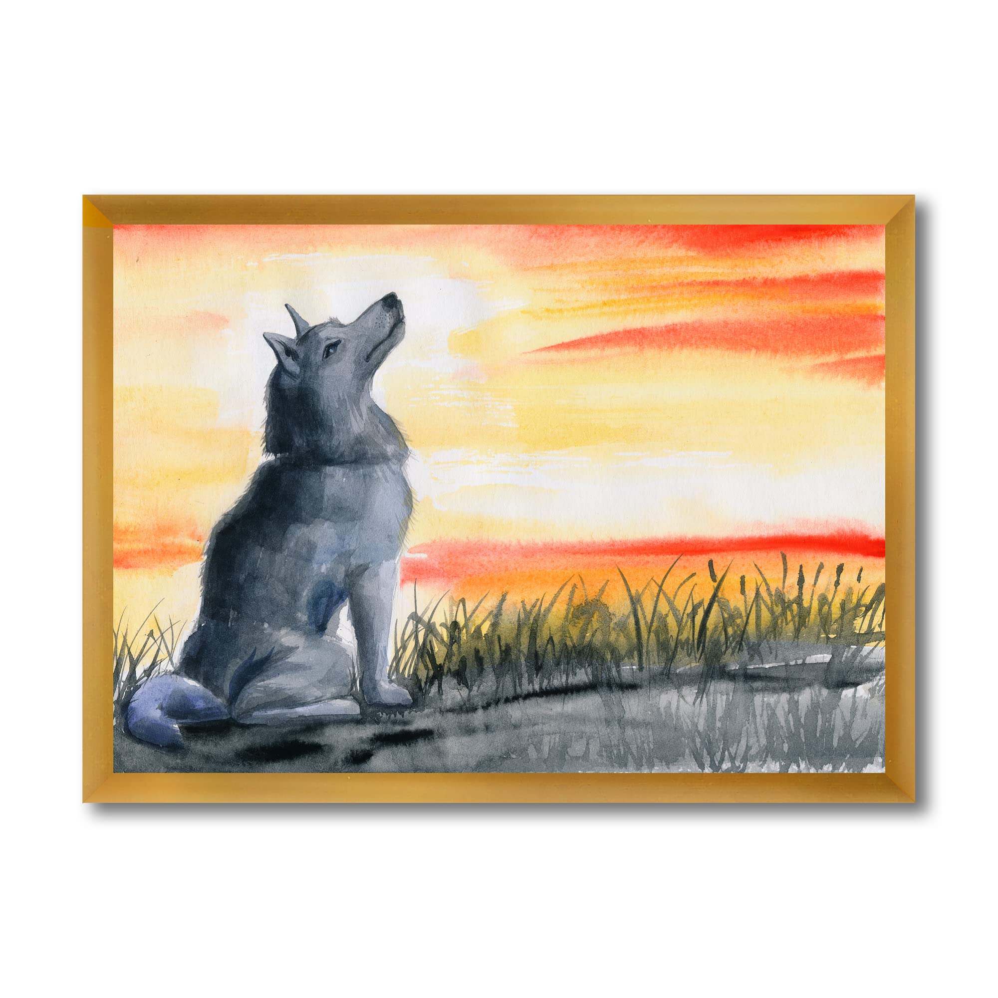 DesignQ Grey Wolf Howling at Moon Framed Wall Art - Traditional Nature Wildlife Decor for Living Room, Bedroom & Office