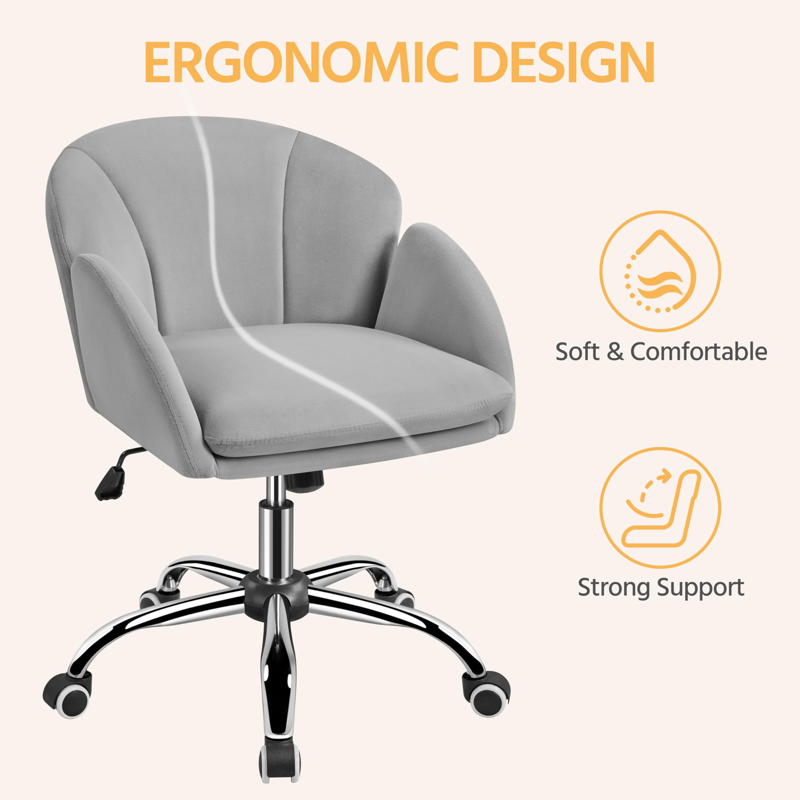 Yaheetech Modern Velvet Swivel Desk Chair with Armrests - Light Gray Home Office Chair for Women, Rolling Makeup Vanity Chair for Bedroom & Study Room | Perfect for Work, Gaming & Beauty Stations