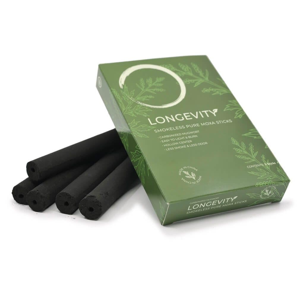 Longevity Pure Smokeless Moxa Sticks with Center Hole - 5 Sticks per Box - Traditional Chinese Moxibustion Therapy for Pain Relief & Relaxation - Perfect for Home Wellness & Acupuncture Clinics
