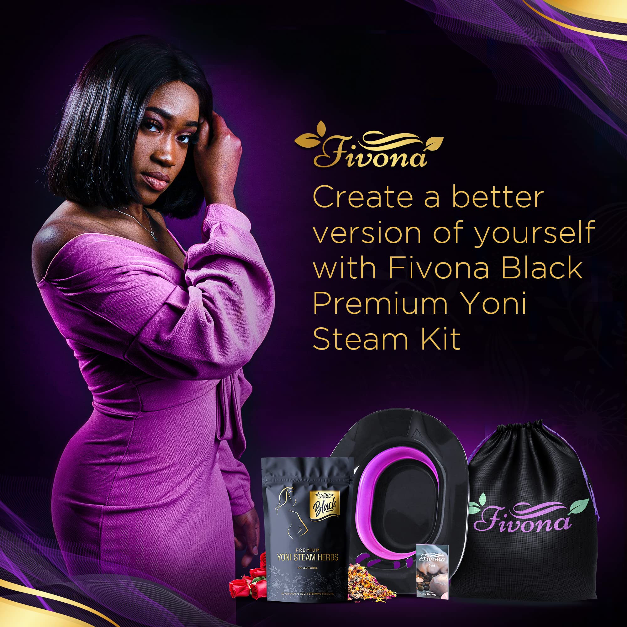 Fivona 3-in-1 Yoni Steam Kit for Women - Foldable Portable Vaginal Steamer Seat with Herbal Blends & Storage Bag - Natural Detox, pH Balance & Relaxation - At-Home V-Spa Treatment for Feminine Care & Wellness (Black)
