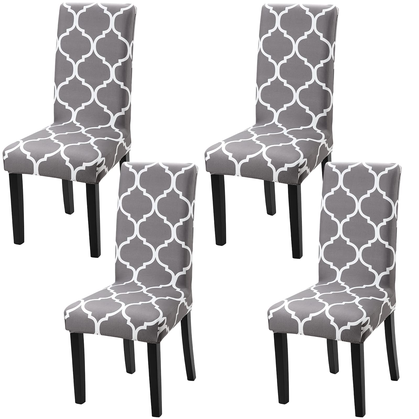 Stretch Spandex Dining Chair Covers - Washable & Removable Parson Chair Slipcovers for Kitchen, Dining Room & Office - Set of 4 (Gray/White) - Perfect for Home Decor, Party & Event Protection