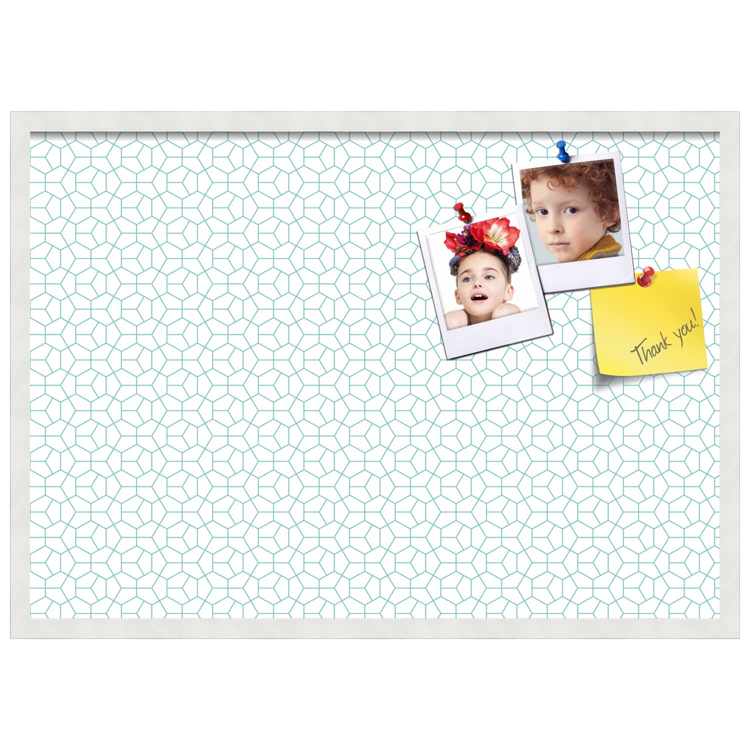 PinPix 34x24 Inch Cork Bulletin Board with Modern Hex Aqua Design & Satin White Frame - Decorative Wall Pin Board for Home Office Decor, School Classroom, Dorm Room Organization & Message Display