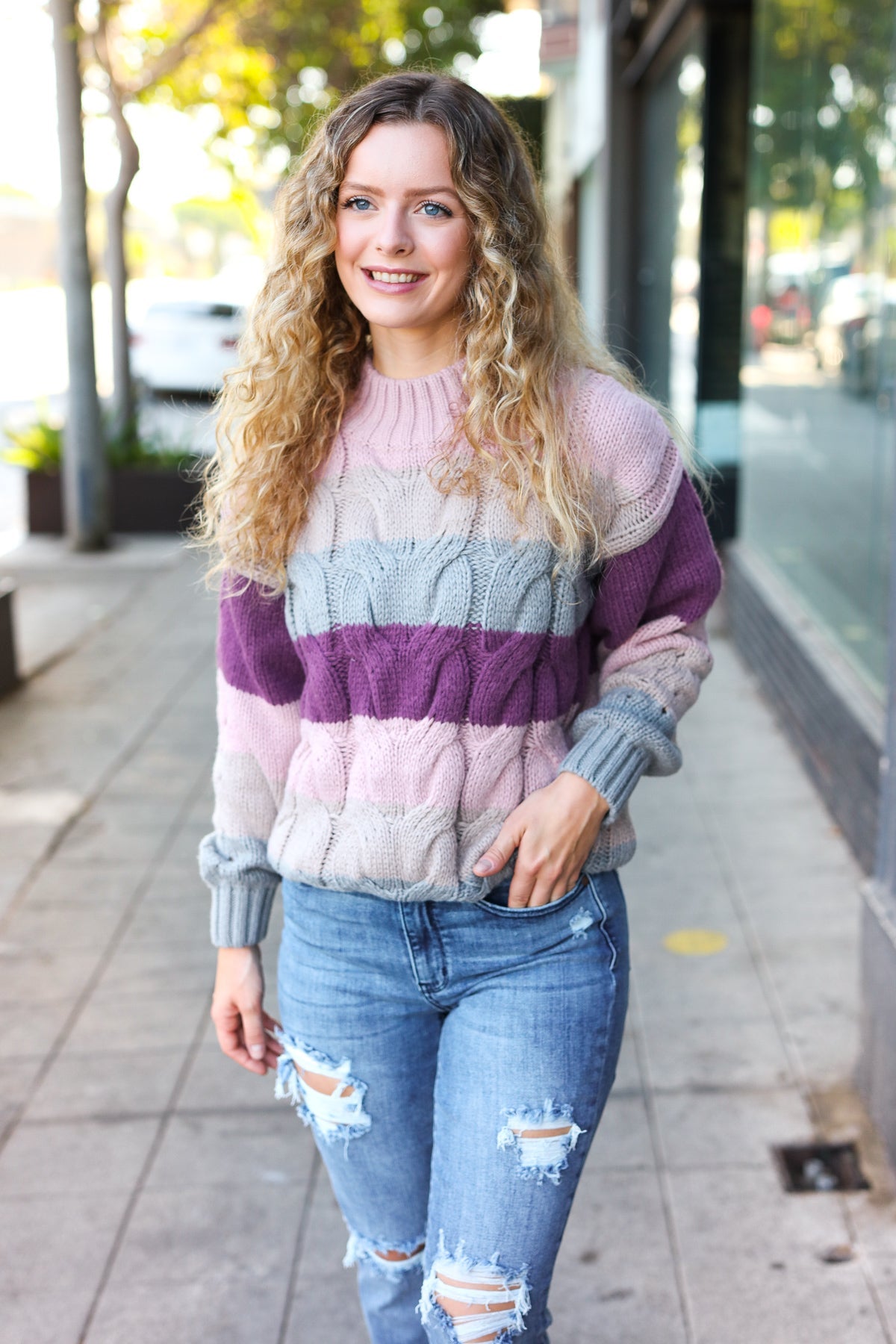 Fall For You Mauve Multicolor Stripe Cable Knit Mock Neck Sweater | Women's Cozy Winter Pullover | Perfect for Christmas, Holiday Parties & Casual Outings