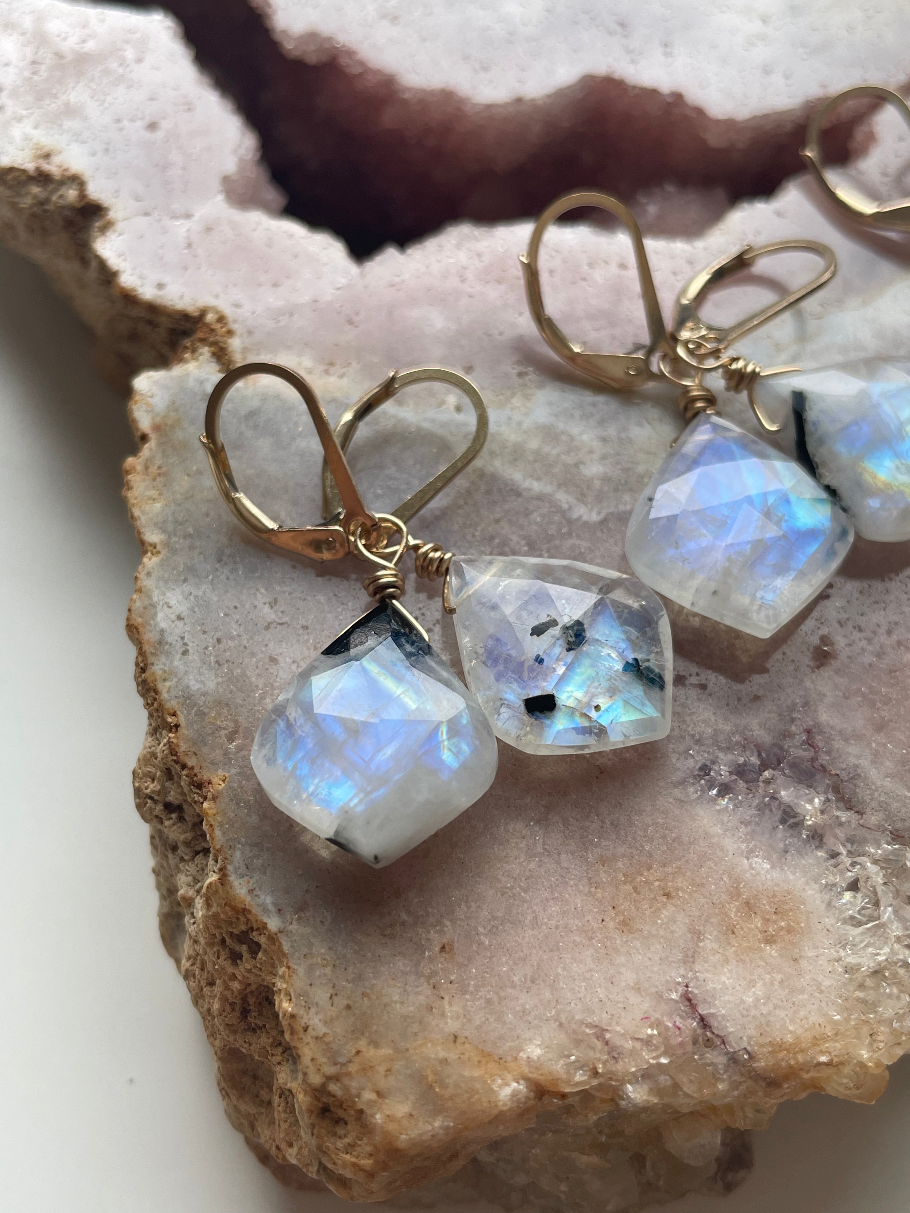 Faceted Rainbow Moonstone Drop Earrings - Gold Filled or Sterling Silver Lever Back - Elegant Dangle Earrings for Women, Perfect for Weddings, Parties & Special Occasions