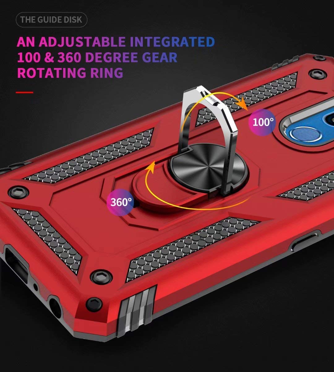 TJS Heavy Duty Magnetic Phone Case for LG Stylo 5/5 Plus/5V/5X - Defender Metal Ring with Kickstand (Red) | Perfect for Outdoor Activities, Work & Travel Protection