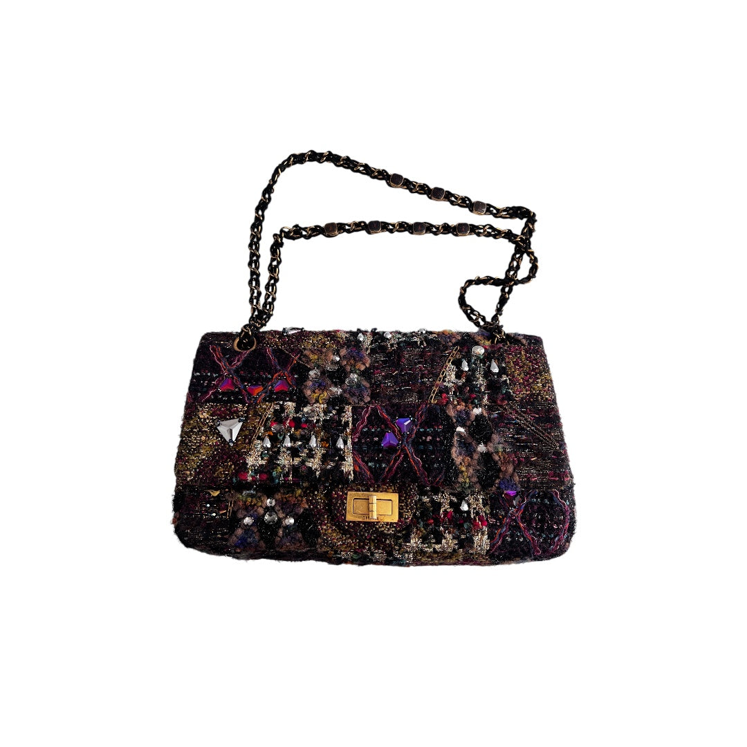 Chanel Tweed Crystal Embellished Paris Byzance Reissue 2.55 Flap Bag Jumbo Size - Luxury Designer Handbag for Women, Perfect for Parties, Weddings & Special Occasions