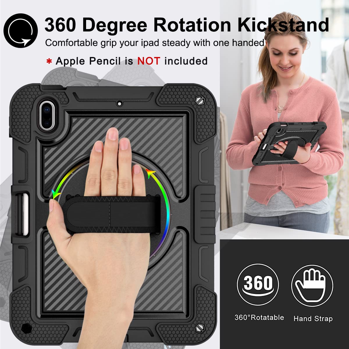 **Apple iPad 10th Gen Case 10.9 inch (2022) - 360° Rotating Kickstand with Pencil Holder, Hand/Shoulder Strap, Shockproof Rugged Cover - Perfect for Work, Travel & Outdoor Use - Black**