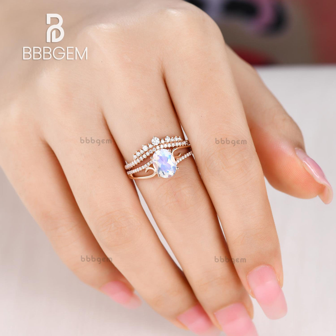Vintage Art Deco Moonstone & Diamond Engagement Ring Set with Curved Split Shank Band & Matching Crown Wedding Ring - Perfect for Bridal Jewelry, Anniversary Gifts & Special Occasions