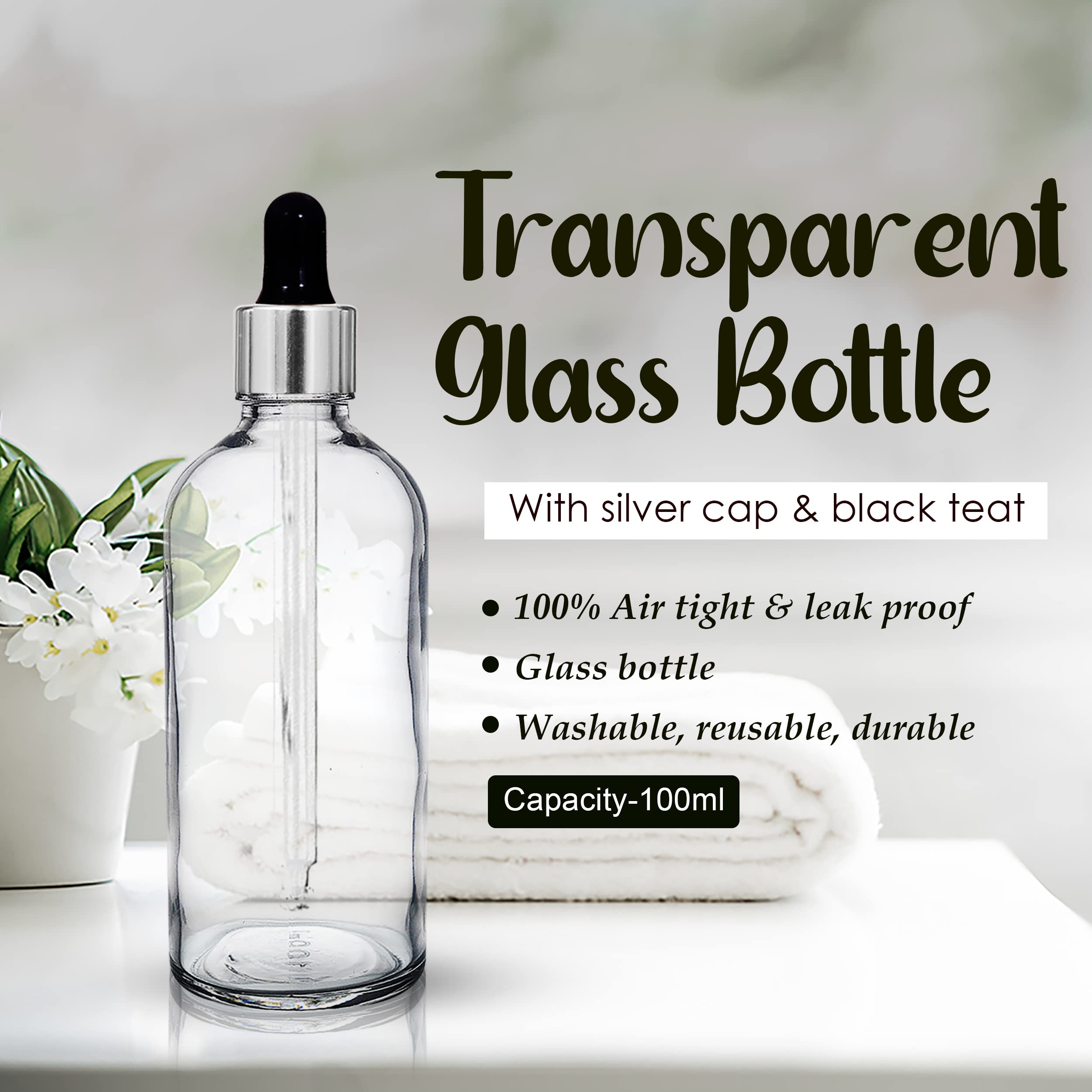 NSB Herbals 100ml Clear Round Empty Glass Bottle with Glass Dropper & Silver Ring - Refillable Essential Oil Bottle, Perfume Dropper Bottle - Perfect for DIY Essential Oils, Aromatherapy, Perfume Making & Liquid Storage