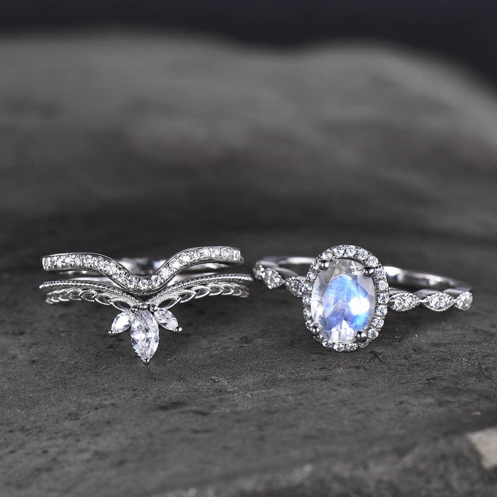 3-Piece Oval Moonstone Halo Diamond Engagement Ring Set for Women - Wedding, Proposal, Anniversary Gift - Elegant Bridal Jewelry Set for Special Occasions