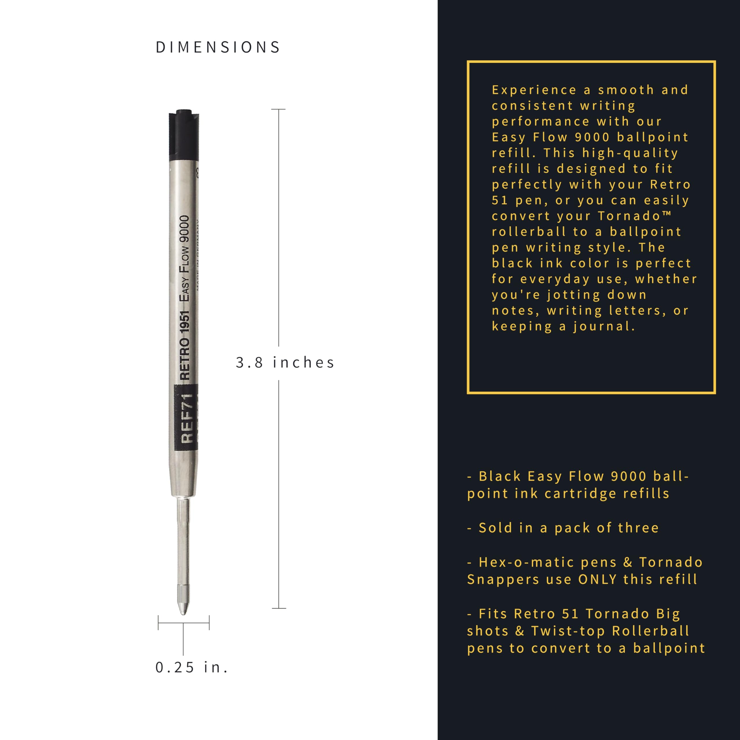 Easy Flow 9000 Ballpoint Refills - Black Ink 3-Pack | German Engineered Smooth Writing | Compatible with Tornado Pens | Perfect for Office, School & Everyday Use