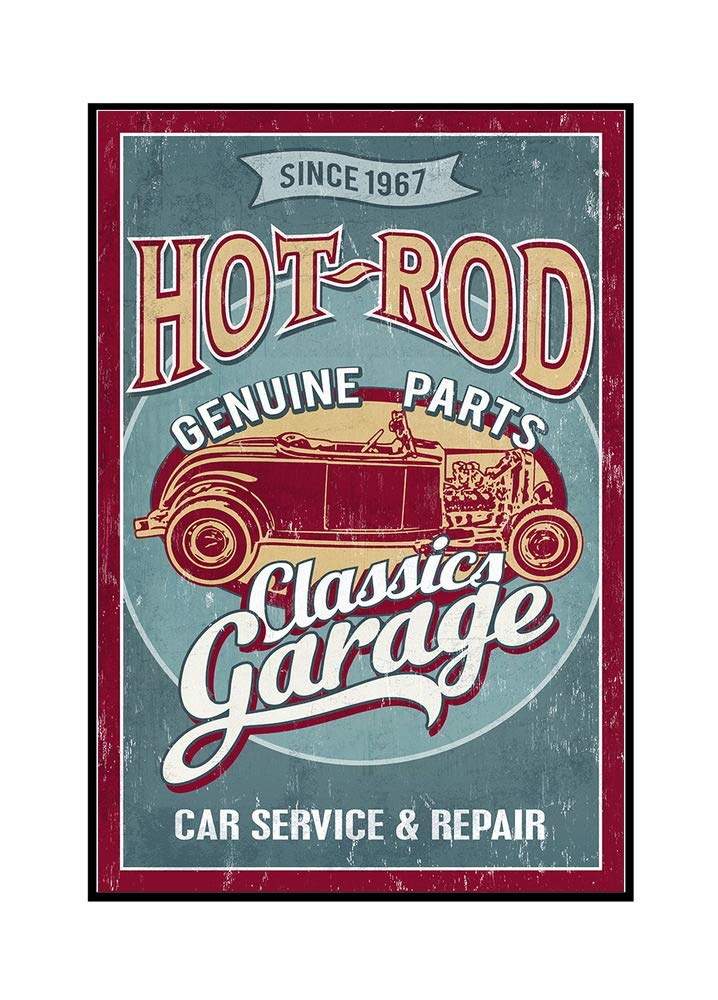 Hot Rod Garage & Classic Cars Vintage Sign - 24x36 Framed Gallery Wrapped Canvas Wall Art - Perfect for Man Cave, Garage Decor, Automotive Enthusiast Gifts