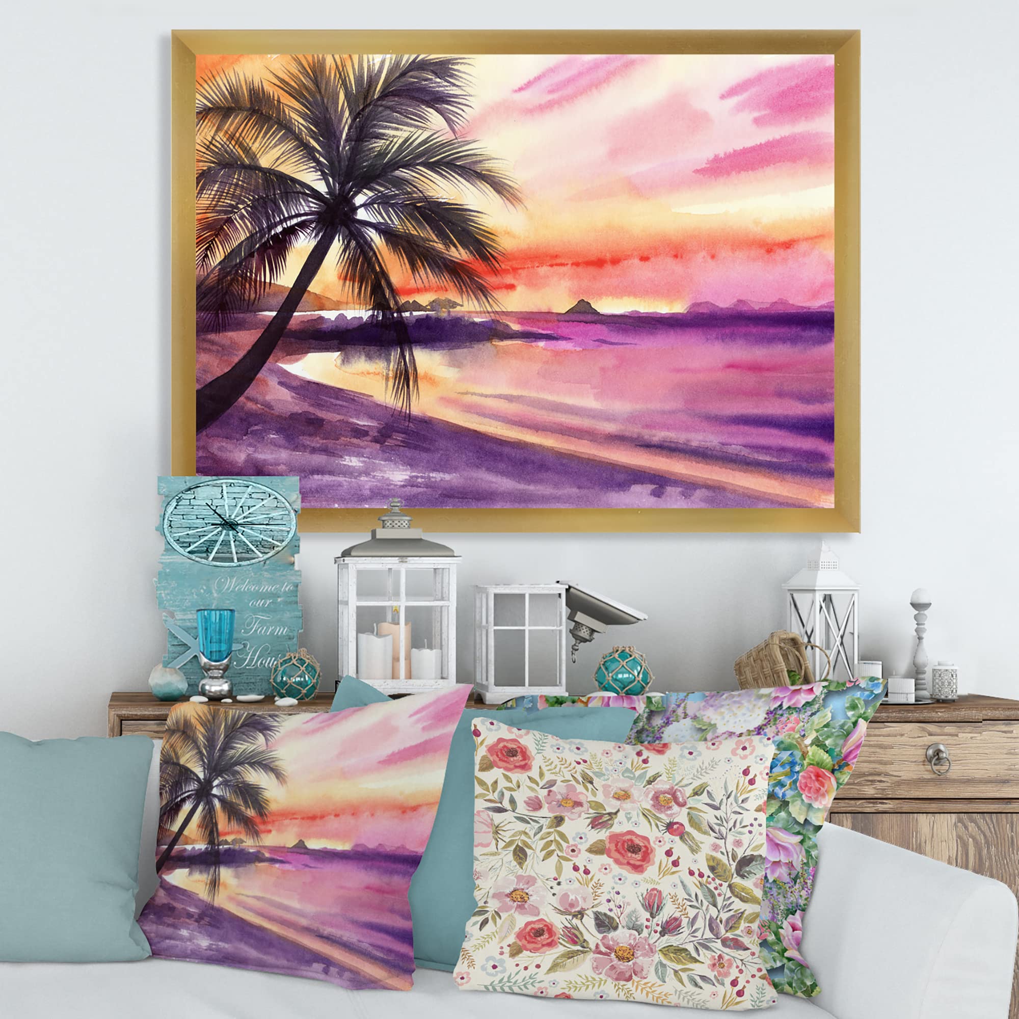 DesignQ Pink and Purple Palm Beach Sunset Nautical Coastal Framed Wall Art - Perfect for Beach House Decor, Living Room, Bedroom & Office Wall Decor