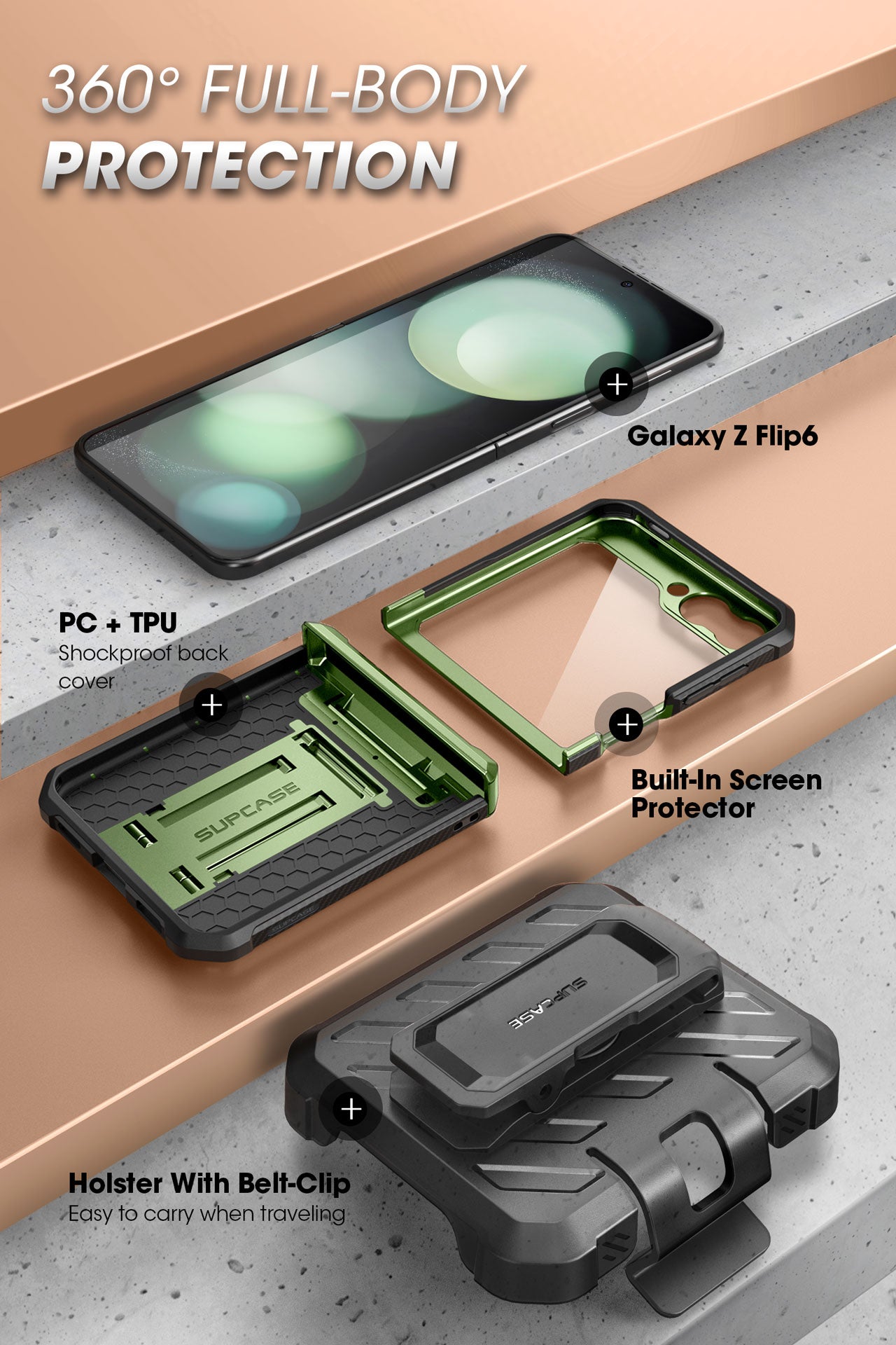 Samsung Galaxy Z Flip6 Unicorn Beetle PRO Heavy Duty Rugged Case with Belt Clip - Dark Green Protective Cover for Outdoor, Work & Daily Use