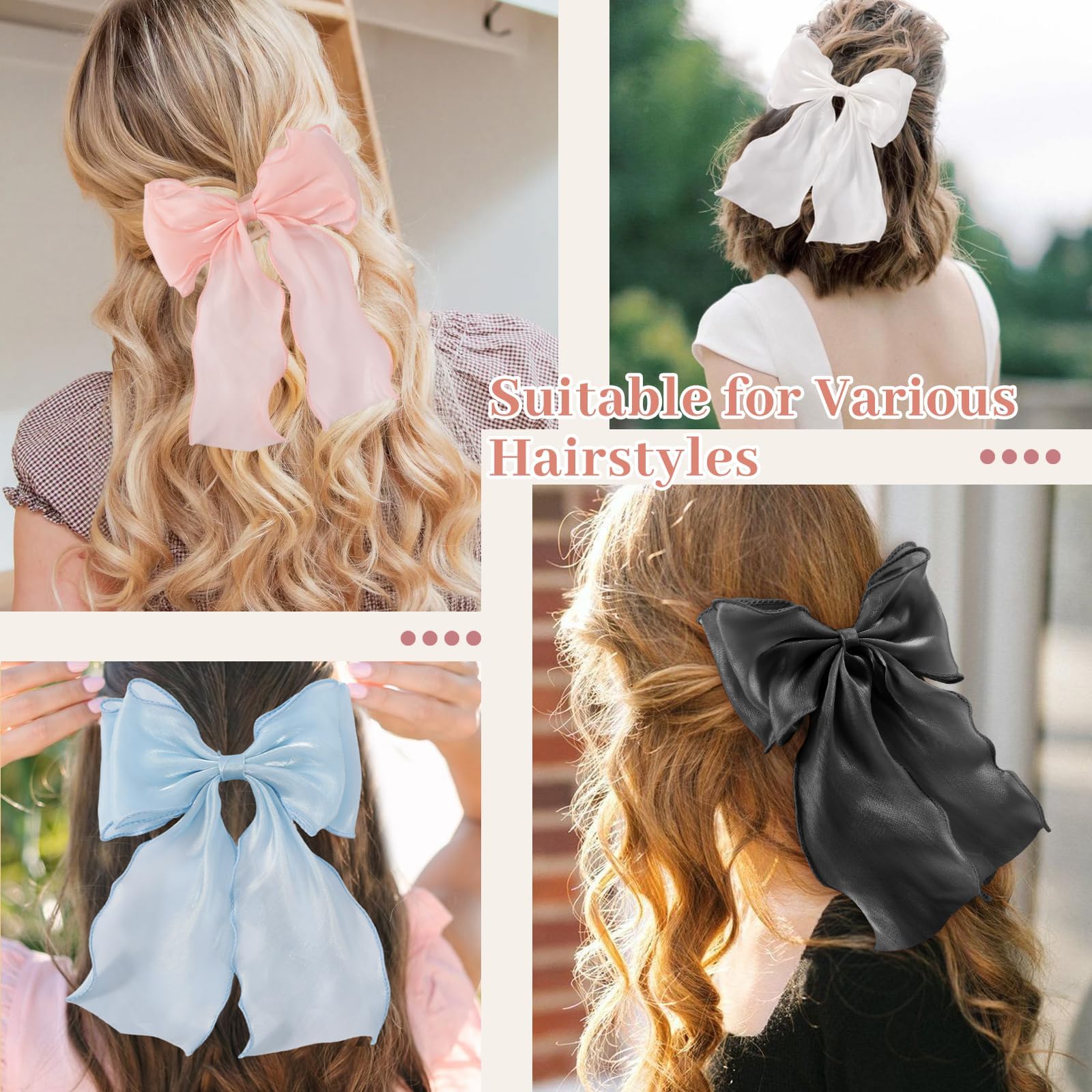 6PCS Women's Hair Bows - Soft Chiffon Bow Hair Clips with Metal Clasp, Bright Color Hair Ribbons for Girls & Women - Perfect for Parties, Weddings, School & Daily Hair Accessories Gift Set
