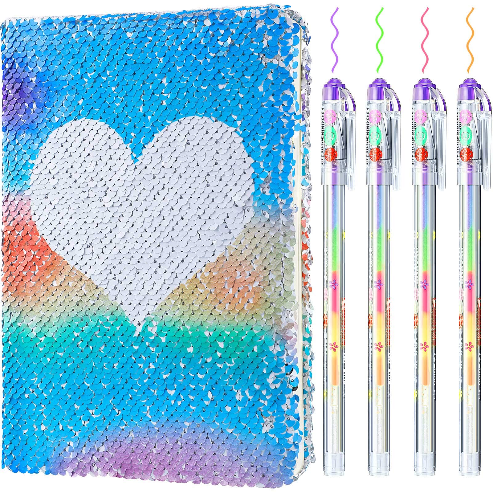Outus Sequin Girls Journal Set with 4 Color Gel Pens - Reversible Glitter Diary Notebook for Teens, Heart Shaped Candy Color Writing Gift - Perfect for School, Birthday Presents & Creative Note Taking