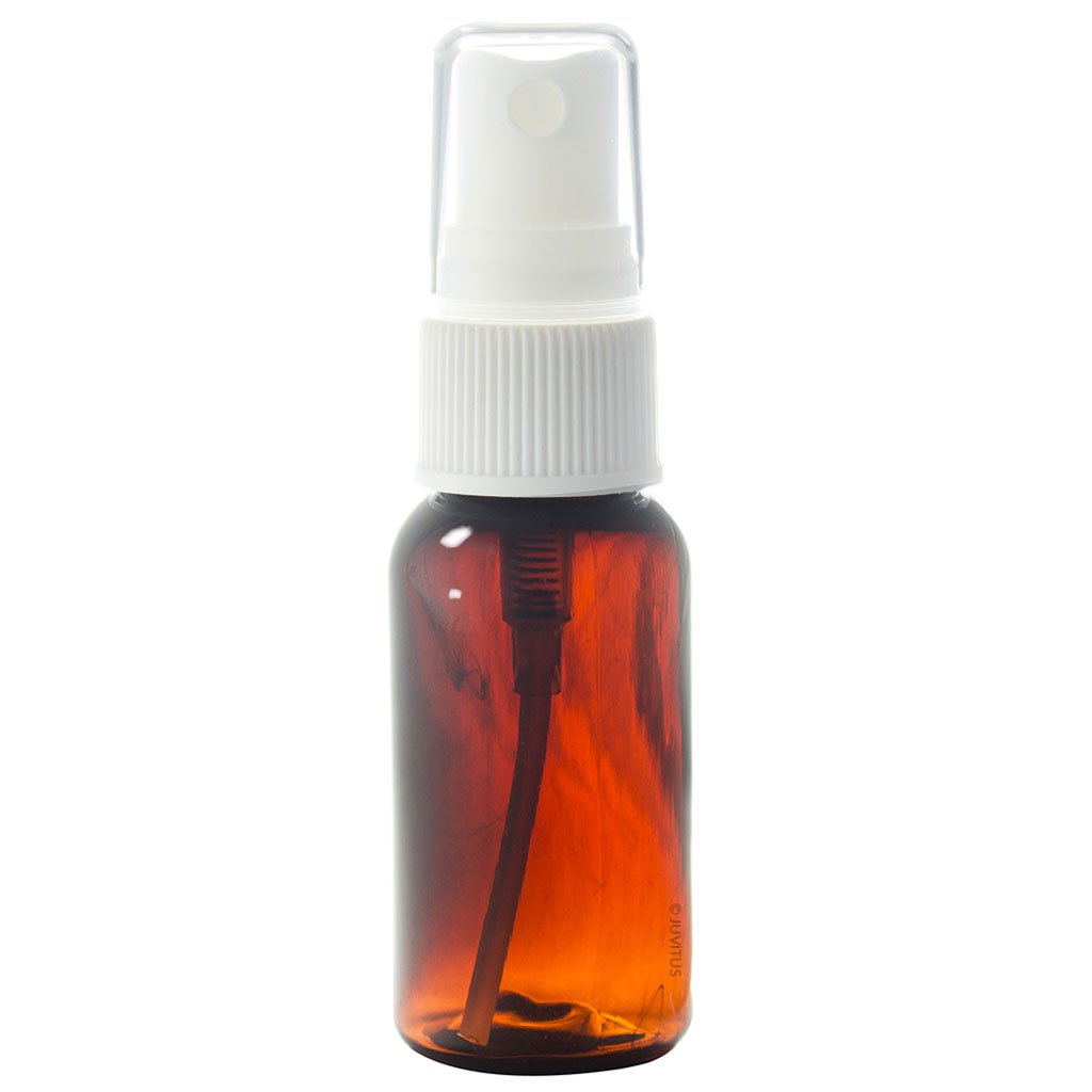 1 oz Amber Boston Round PET Bottles (BPA Free) with White Fine Mist Sprayer - 24 Pack with Labels - Perfect for Essential Oils, DIY Beauty Products & Travel-Sized Liquids