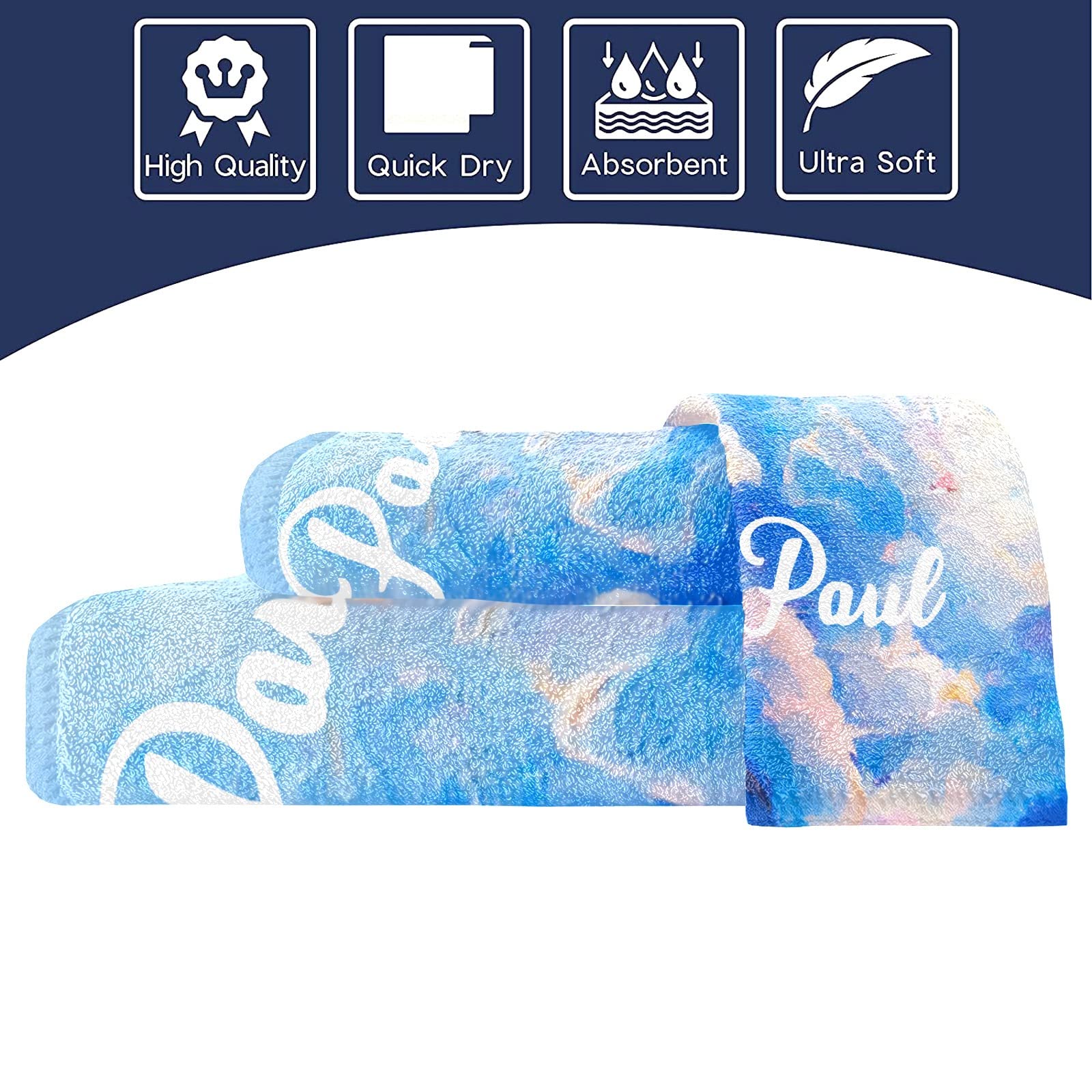 Custom Personalized Blue Sky Beach Towel Set of 3 with Name - Quick Dry Multipurpose Towels (1 Bath + 1 Hand + 1 Washcloth) for Bathroom Decor, Sun Protection & Poolside Relaxation