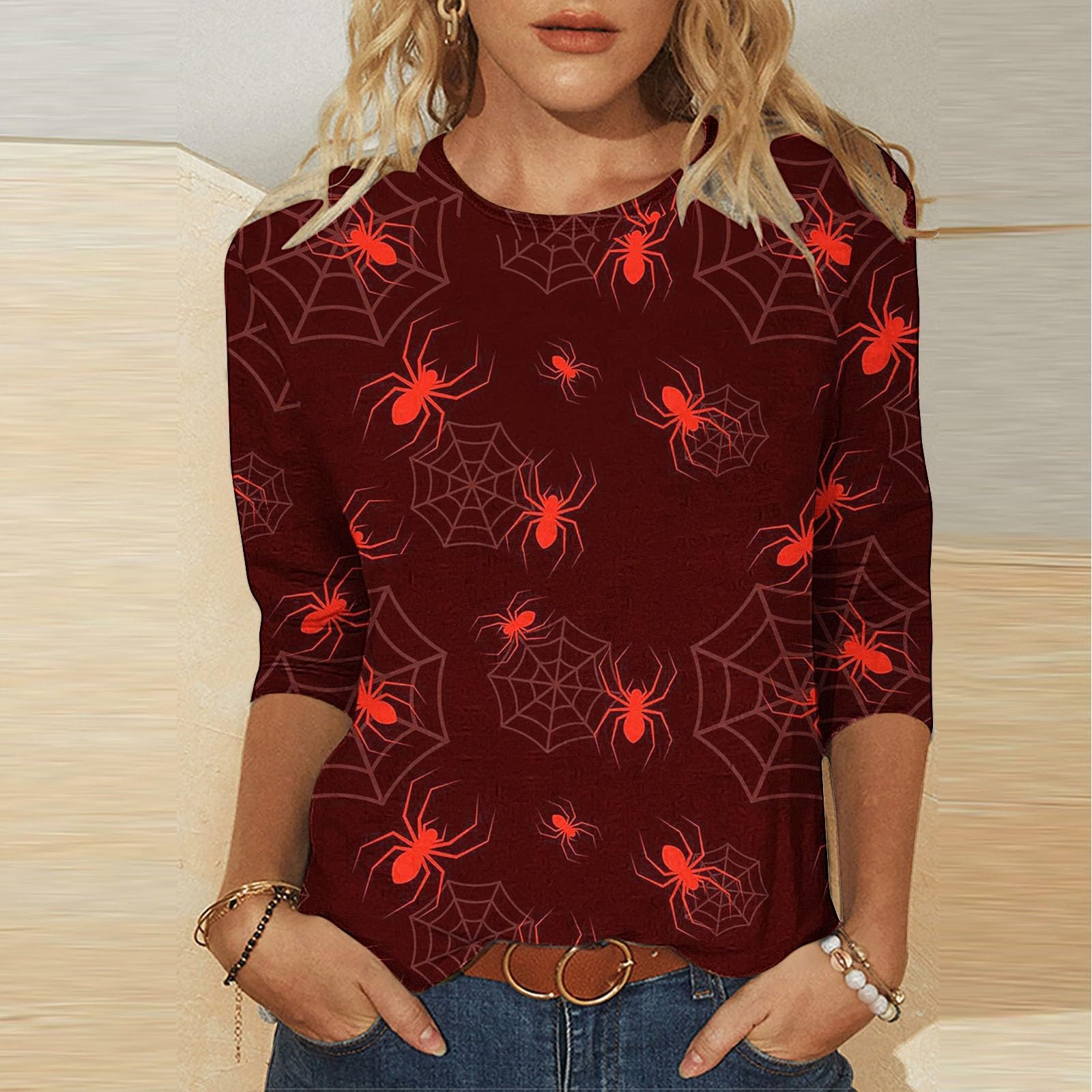**Women's Halloween Tops 2024 – Plus Size 3/4 Sleeve Horror Spider Graphic Shirts for Women – Perfect for Halloween Parties & Spooky Events**