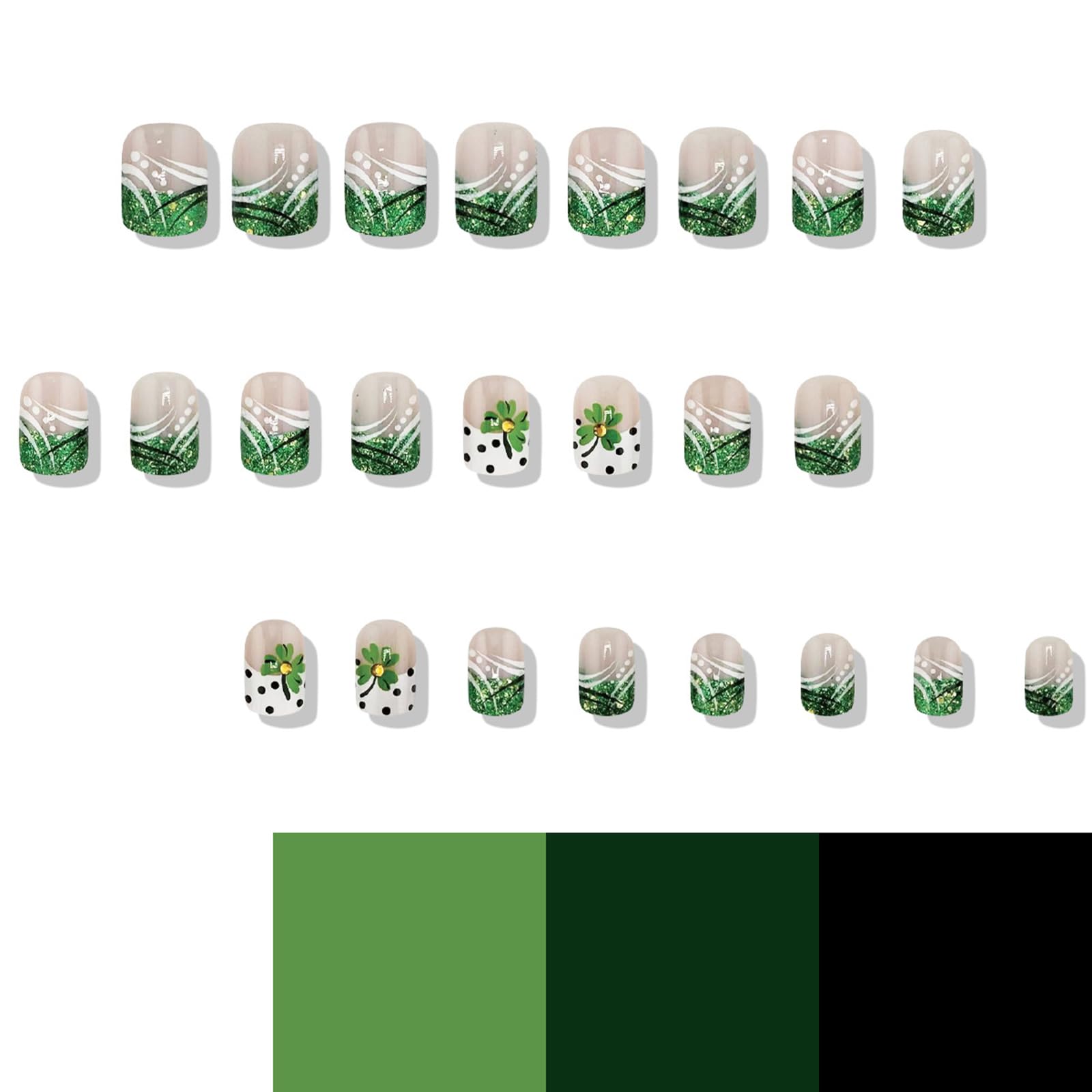 St. Patrick's Day Press On Nails - Short Square Fake Nails with Green White Glitter & Shamrock Design | DIY French Tip Manicure for Women | Perfect for Parties, Festivals & Irish Celebrations