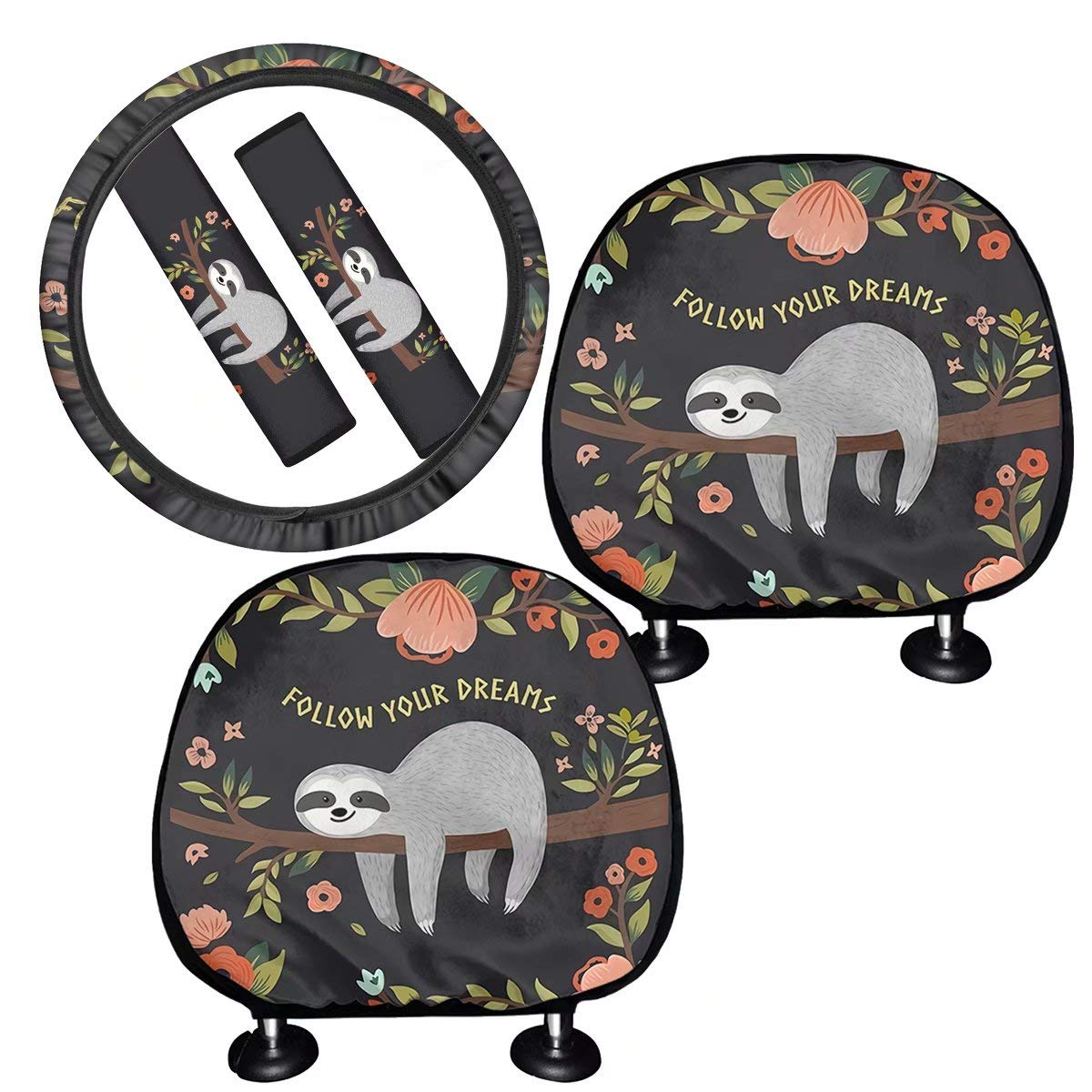 Funny Sloth Car Accessories Set - 5-Piece Headrest Covers, Steering Wheel Cover & Seat Belt Pads for Cars, Trucks & SUVs | Universal Fit | Cute Sloth Baby Print | Perfect for Road Trips & Gifts