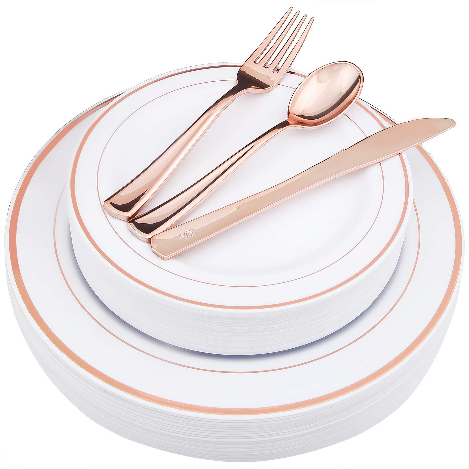 125-Piece Rose Gold Plastic Cutlery Set with Disposable Plates - 25 Dinner Plates, 25 Salad Plates, 25 Forks, 25 Knives & 25 Spoons for Wedding, Party, Picnic, BBQ & Outdoor Events