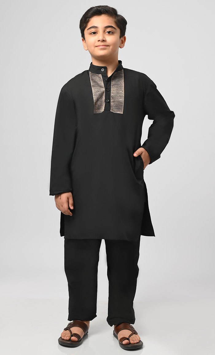 Bilal Muslim Boys Black Kurta Pajama Set - Islamic Traditional Outfit for Eid, Ramadan & Special Occasions - Comfortable Cotton Prayer Clothes for Kids