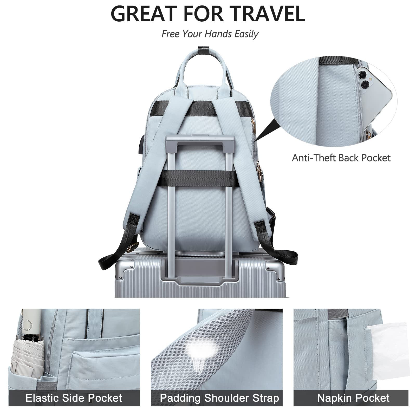 JEEHAN 15.6 Inch Laptop Backpack with USB Charging Port - Waterproof Travel Backpack for Women & Men, Lightweight Carry On Backpack for College, Work, Teacher, Business Trip & Daily Commute | Perfect for Airplane, Office & School Use