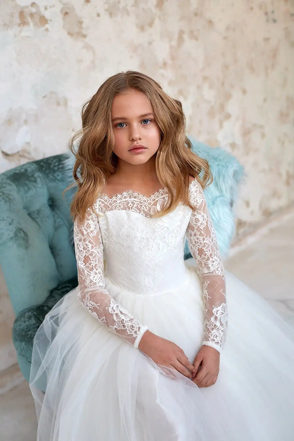Elegant Full Sleeves Flower Girl Dress for First Communion - Perfect for Weddings, Baptisms & Special Occasions