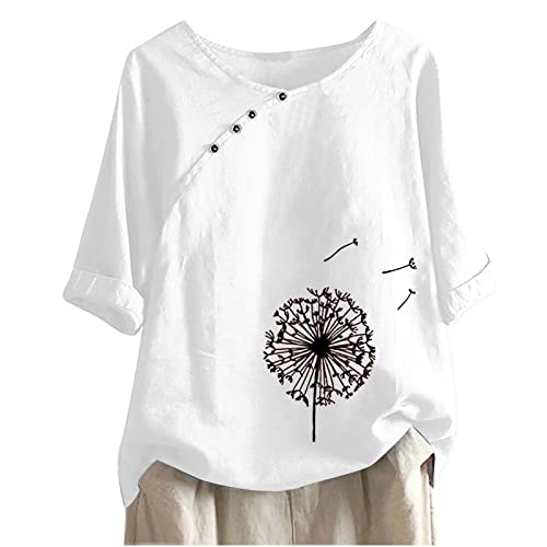 Women's Summer Short Sleeve T-Shirt - Soft Cotton Linen Blend Round Neck Button Down Top with Dandelion Print (XXL, White) | Casual Wear, Beach Outfits, Weekend Style