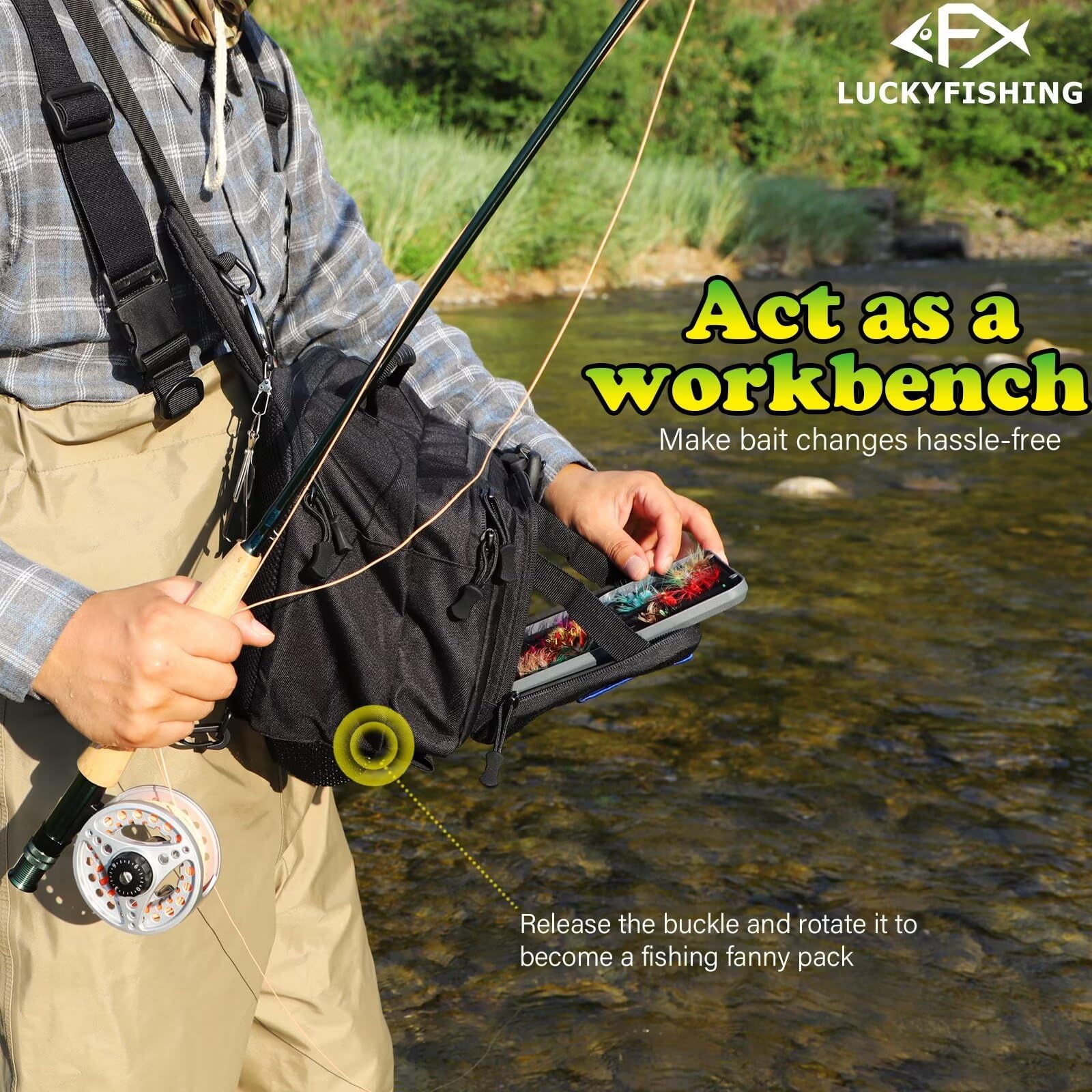 Lightweight Fishing Backpack with 6PCS DIY Fish Embroidery Patches - Waterproof Sling Bag for Fly Fishing, Hiking & Outdoor Adventures