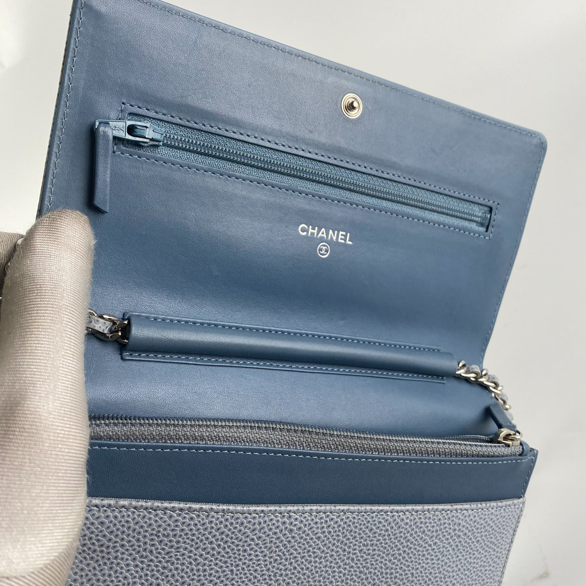 Chanel Caviar Leather Wallet On Chain Crossbody Bag in Light Blue - Perfect for Evening Events & Daily Use