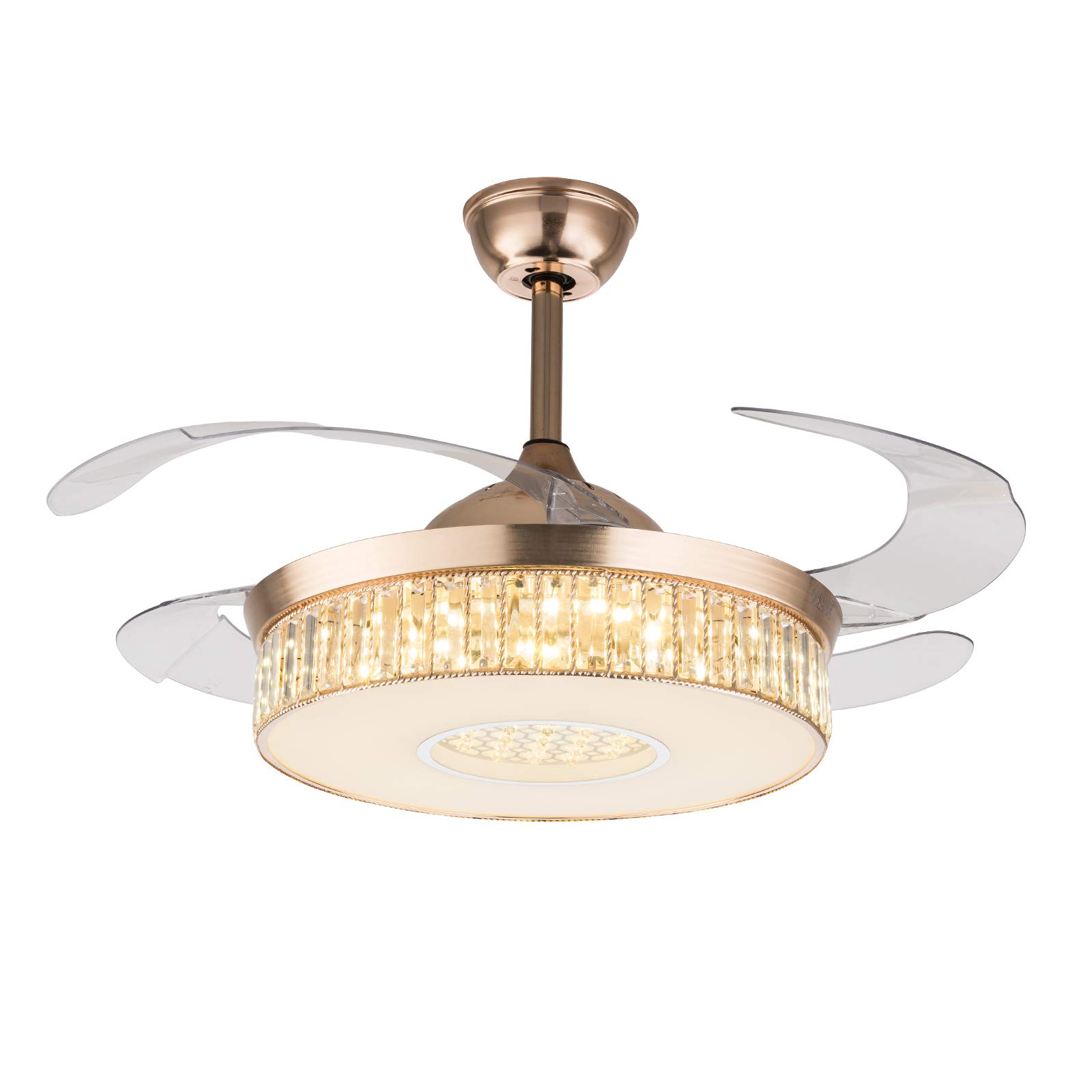 OUKANING 42 Inch Crystal Ceiling Fan with LED Lights - Dimmable Chandelier & Retractable Blades, Remote Control, Ultra Quiet - Gold Finish for Dining Room, Bedroom, Living Room | Perfect for Home Decor & Cooling Comfort